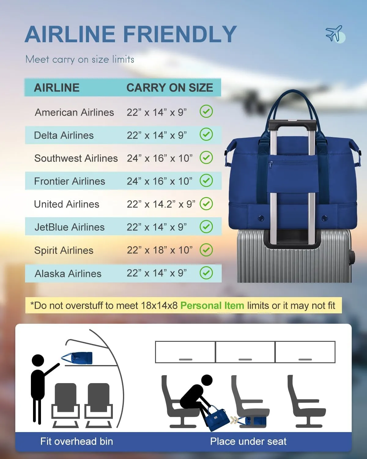 BAGAIL Travel Duffel Bag - Weekender & Overnight Gym Carry On Tote with Wet Pocket - Hospital Mom Bag for Labor & Delivery - Extra Large, Navy Blue