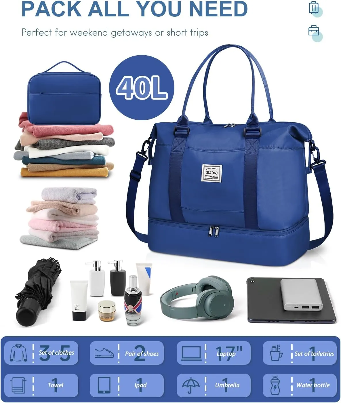 BAGAIL Travel Duffel Bag - Weekender & Overnight Gym Carry On Tote with Wet Pocket - Hospital Mom Bag for Labor & Delivery - Extra Large, Navy Blue