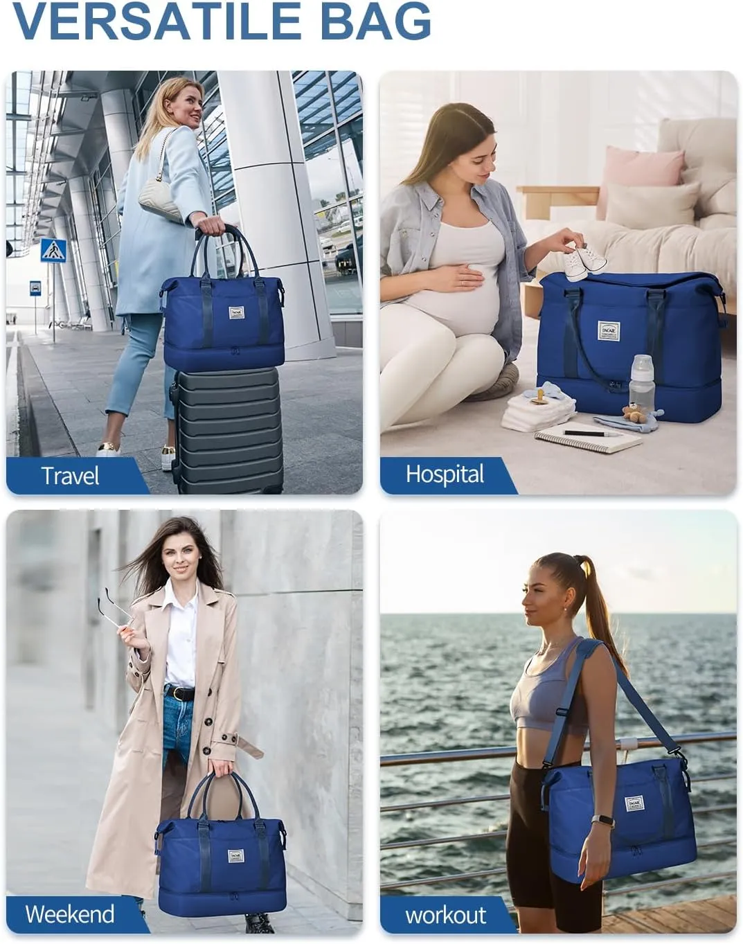 BAGAIL Travel Duffel Bag - Weekender & Overnight Gym Carry On Tote with Wet Pocket - Hospital Mom Bag for Labor & Delivery - Extra Large, Navy Blue
