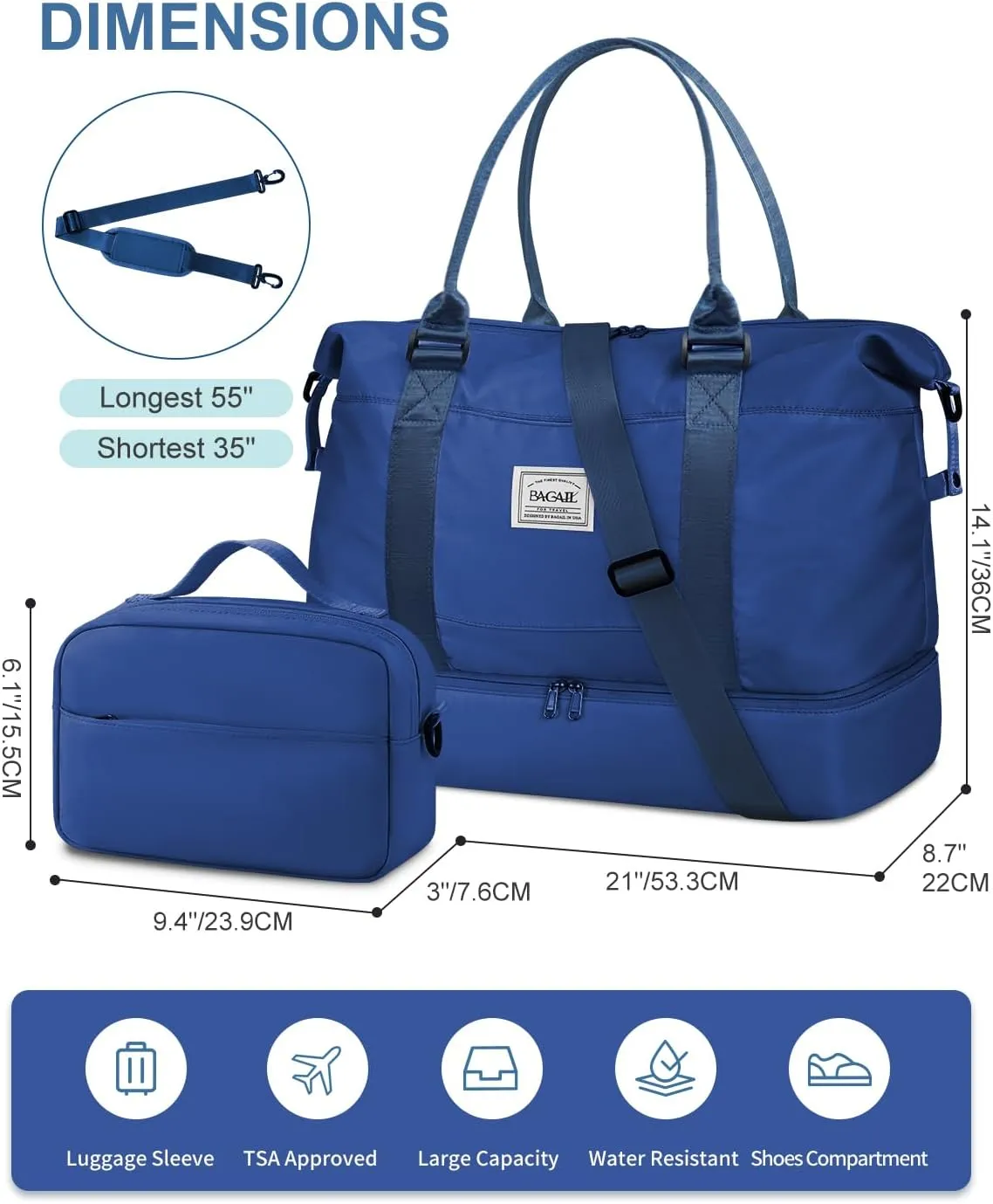 BAGAIL Travel Duffel Bag - Weekender & Overnight Gym Carry On Tote with Wet Pocket - Hospital Mom Bag for Labor & Delivery - Extra Large, Navy Blue