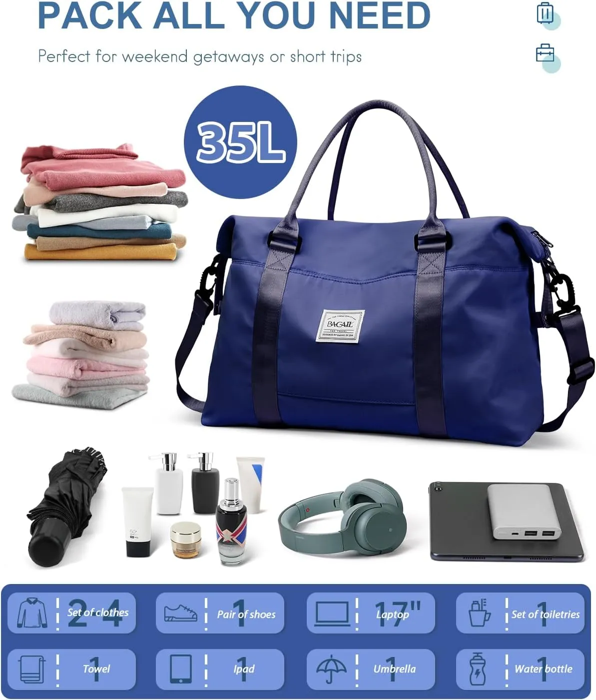 BAGAIL Travel Duffel Bag, Weekender Bags for Women, Overnight Gym Carry On Tote Bag with Wet Pocket, Hospital Mom Bag for Labor and Delivery - Navy Blue