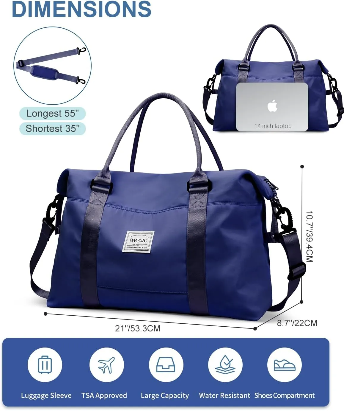 BAGAIL Travel Duffel Bag, Weekender Bags for Women, Overnight Gym Carry On Tote Bag with Wet Pocket, Hospital Mom Bag for Labor and Delivery - Navy Blue