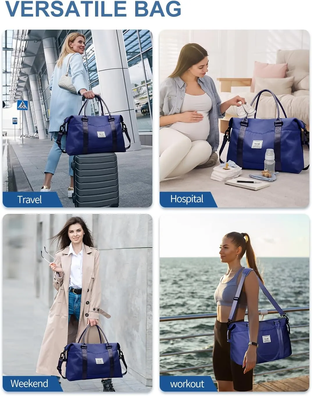 BAGAIL Travel Duffel Bag, Weekender Bags for Women, Overnight Gym Carry On Tote Bag with Wet Pocket, Hospital Mom Bag for Labor and Delivery - Navy Blue