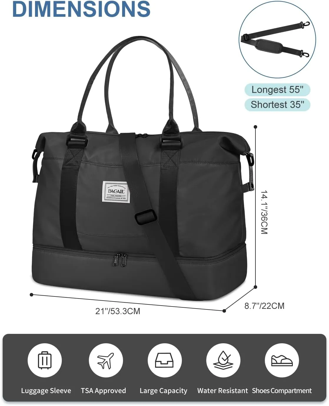 BAGAIL Travel Duffel Bag - Weekender, Overnight Gym Carry On Tote with Wet Pocket, Hospital Mom Bag for Labor and Delivery - Extra Large, Black