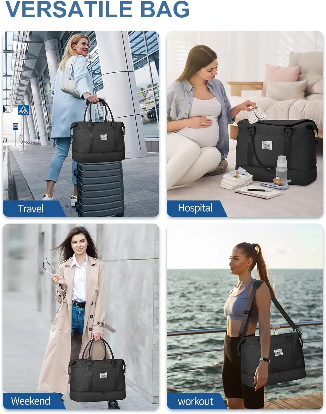 BAGAIL Travel Duffel Bag - Weekender, Overnight Gym Carry On Tote with Wet Pocket, Hospital Mom Bag for Labor and Delivery - Extra Large, Black
