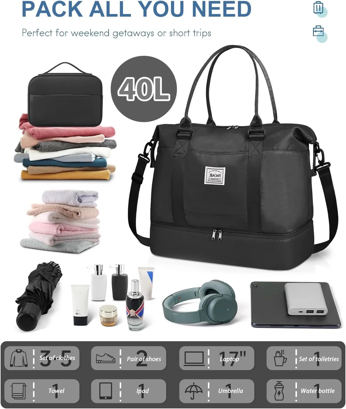 BAGAIL Travel Duffel Bag - Weekender, Overnight Gym Carry On Tote with Wet Pocket, Hospital Mom Bag for Labor and Delivery - Extra Large, Black