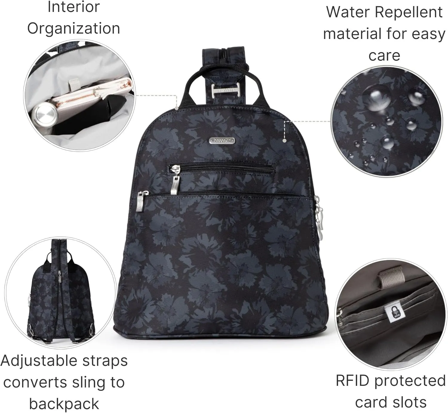 Baggallini Essential Mini Backpack Purse for Women - Built-in RFID Card Holder - Convertible Sling Bag with Adjustable Shoulder Strap