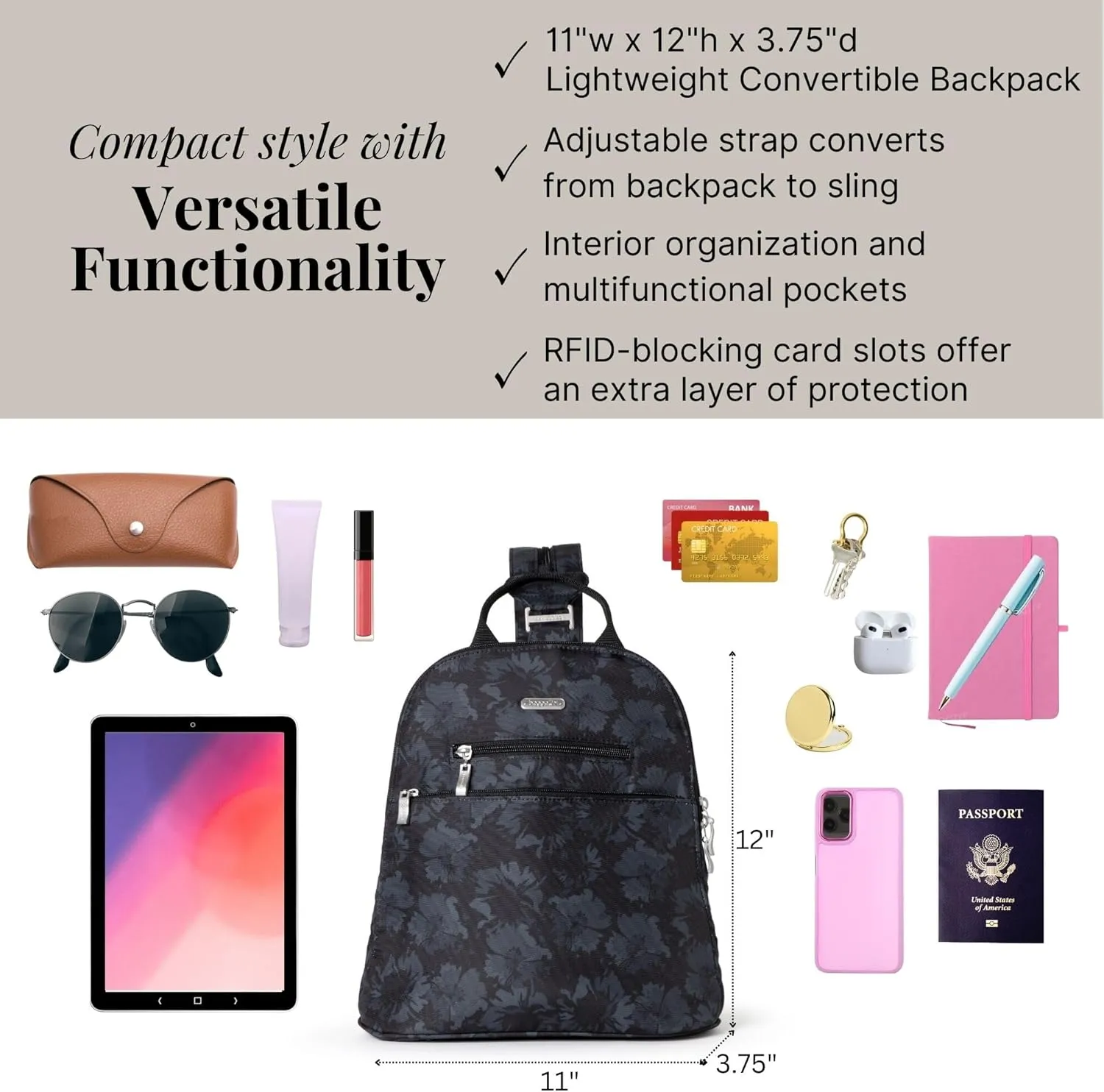 Baggallini Essential Mini Backpack Purse for Women - Built-in RFID Card Holder - Convertible Sling Bag with Adjustable Shoulder Strap
