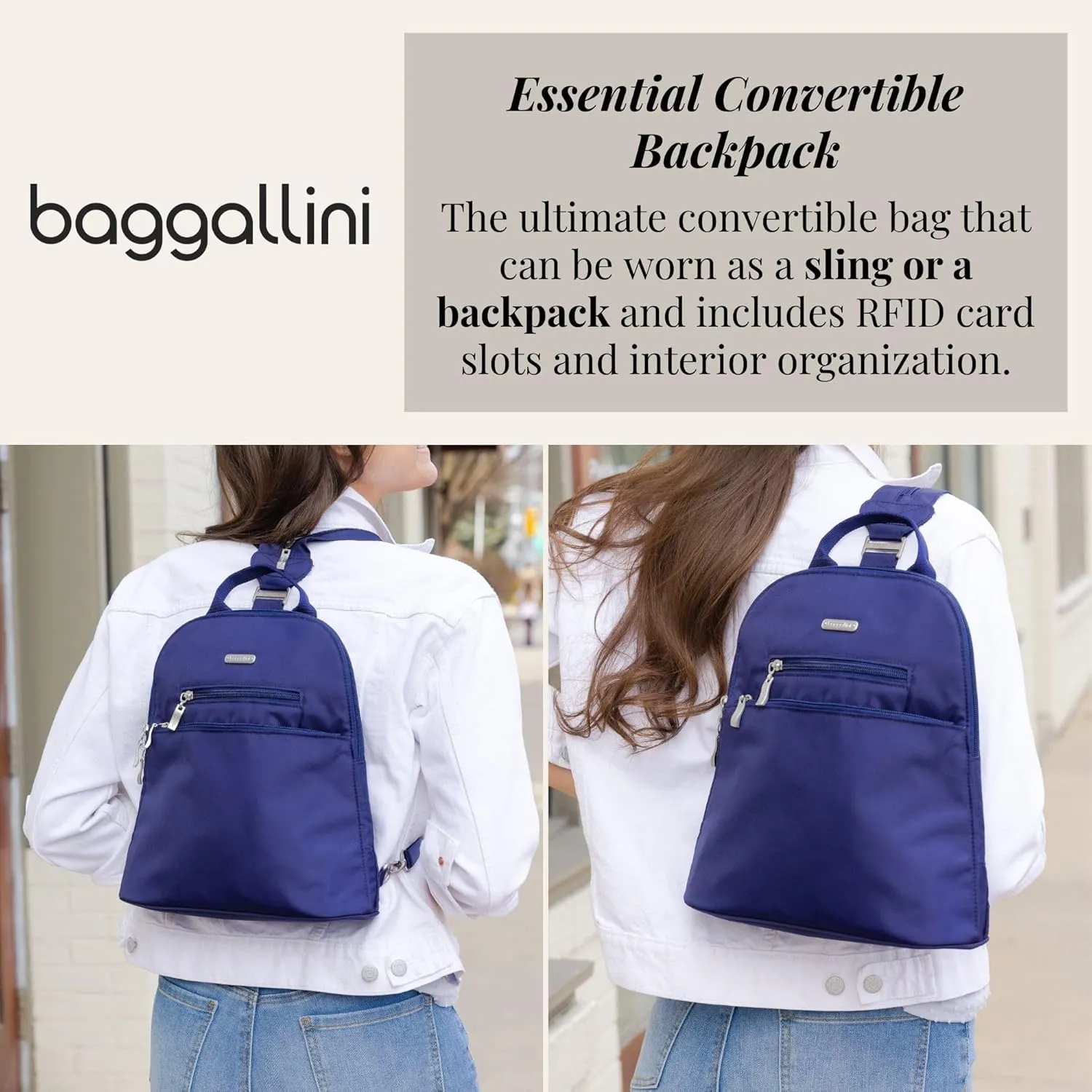Baggallini Essential Mini Backpack Purse for Women - Built-in RFID Card Holder - Convertible Sling Bag with Adjustable Shoulder Strap