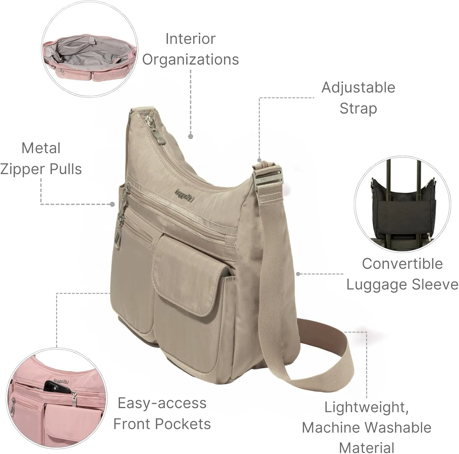Baggallini Everywhere Bagg Crossbody Women 11x9 Lightweight Nylon Hobo Water-Resistant Travel Bag W/RFID Protection