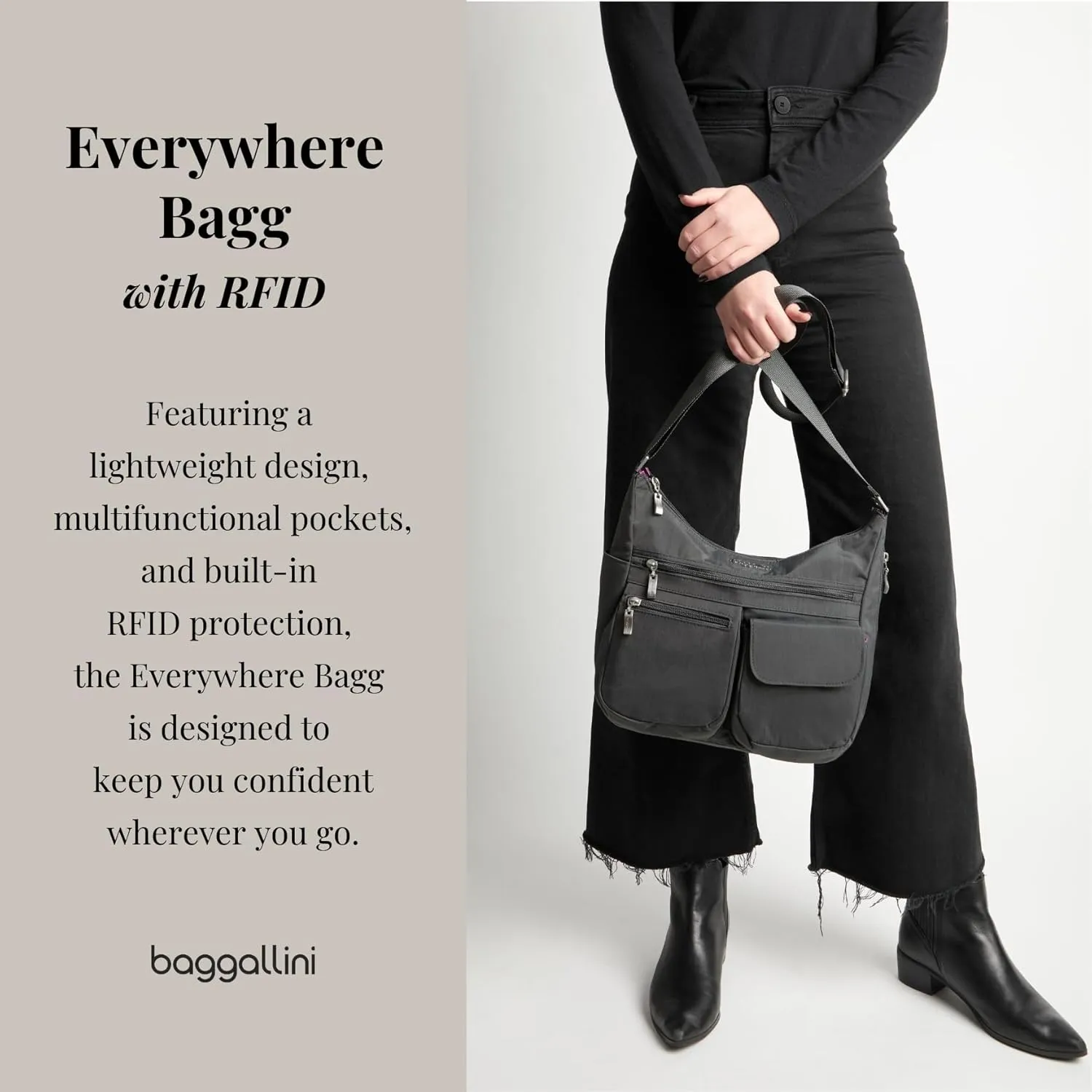 Baggallini Everywhere Bagg Crossbody Women 11x9 Lightweight Nylon Hobo Water-Resistant Travel Bag W/RFID Protection