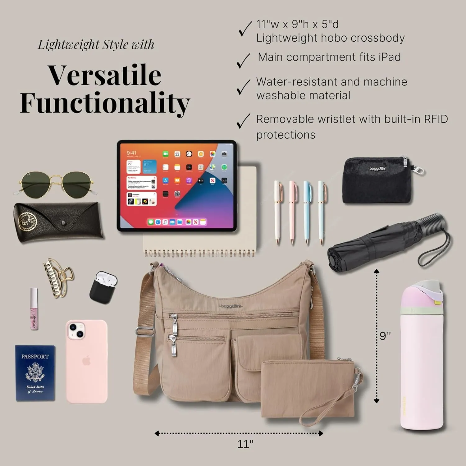 Baggallini Everywhere Bagg Crossbody Women 11x9 Lightweight Nylon Hobo Water-Resistant Travel Bag W/RFID Protection