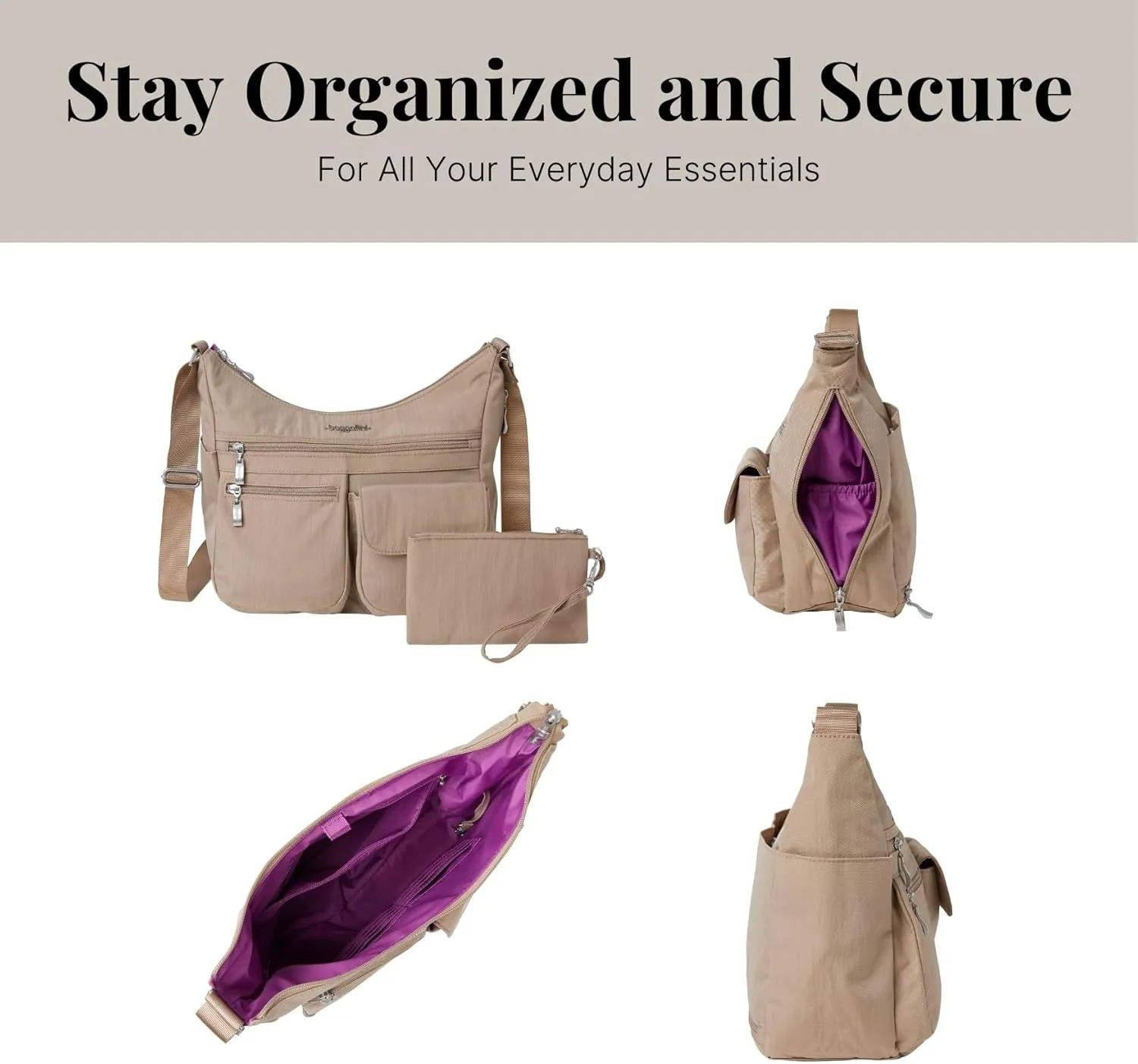 Baggallini Everywhere Bagg Crossbody Women 11x9 Lightweight Nylon Hobo Water-Resistant Travel Bag W/RFID Protection