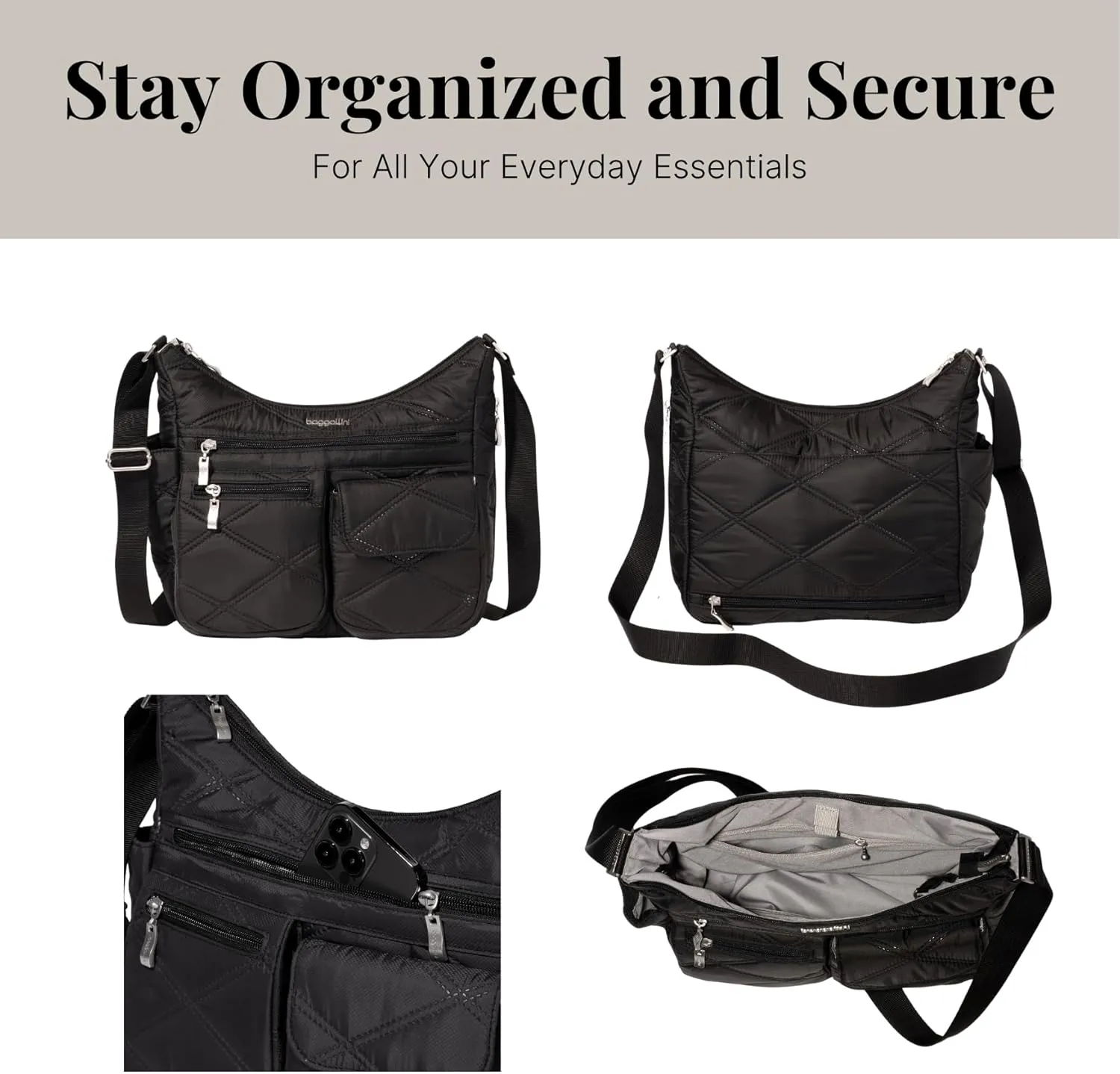 Baggallini Everywhere Bagg Crossbody Women 11x9 Lightweight Nylon Hobo Water-Resistant Travel Bag W/RFID Protection