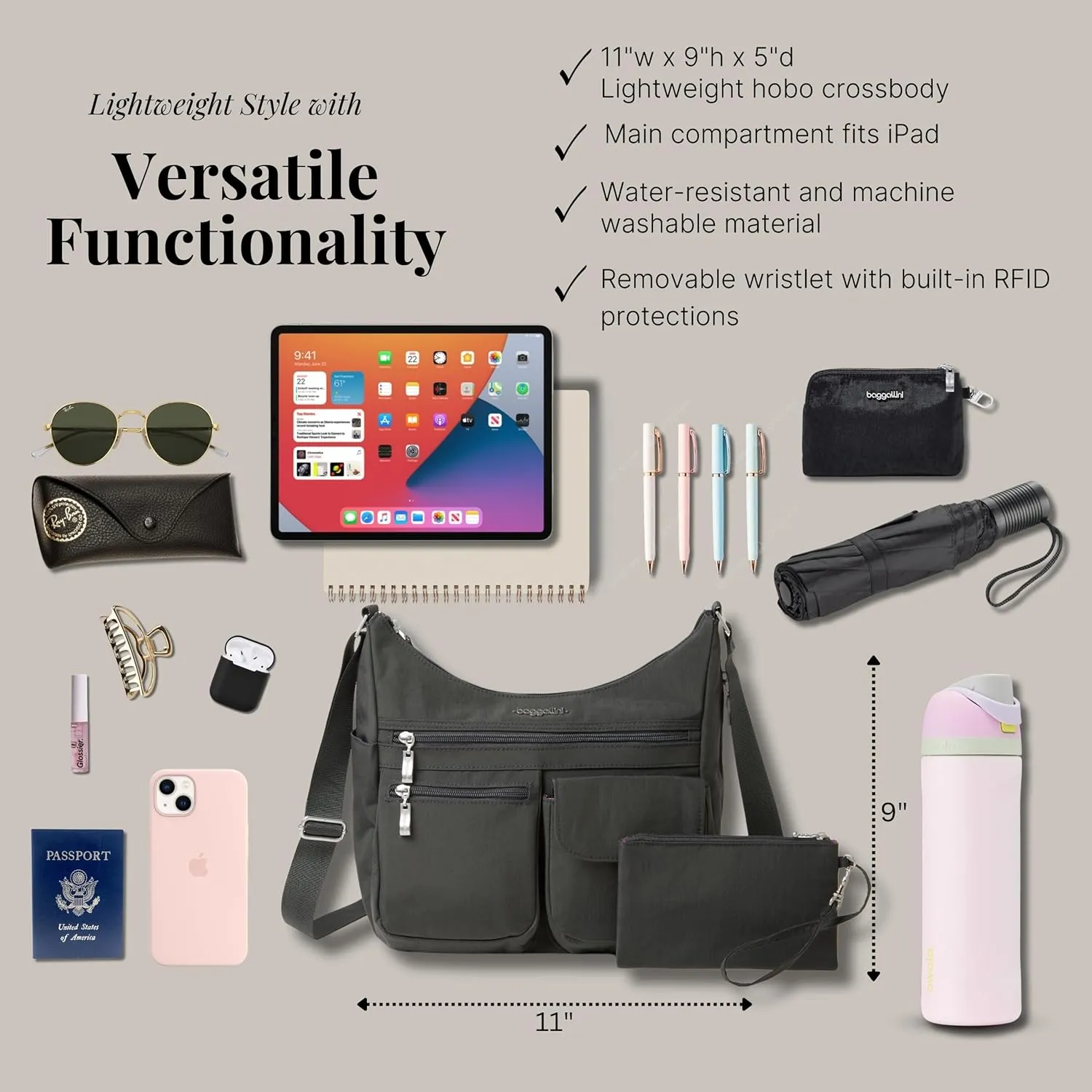 Baggallini Everywhere Bagg Crossbody Women 11x9 Lightweight Nylon Hobo Water-Resistant Travel Bag W/RFID
