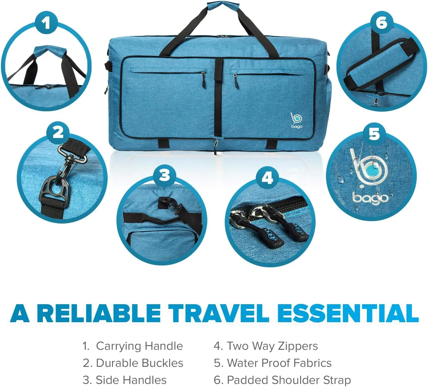 Bago Foldable Duffel Bags for Traveling Women & Men - 60L Medium Packable Duffle Bag for Travel with Shoe Compartment - Water Repellant, Heavy Duty, Lightweight Folding & Collapsible (SnowBlue)