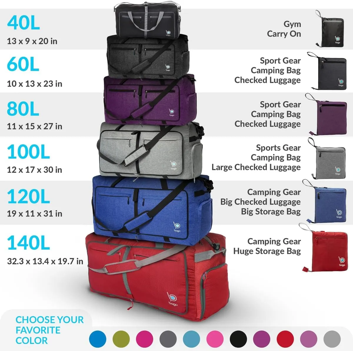 Bago Foldable Duffel Bags for Traveling Women & Men - 60L Medium Packable Duffle Bag for Travel with Shoe Compartment - Water Repellant, Heavy Duty, Lightweight Folding & Collapsible (SnowBlue)