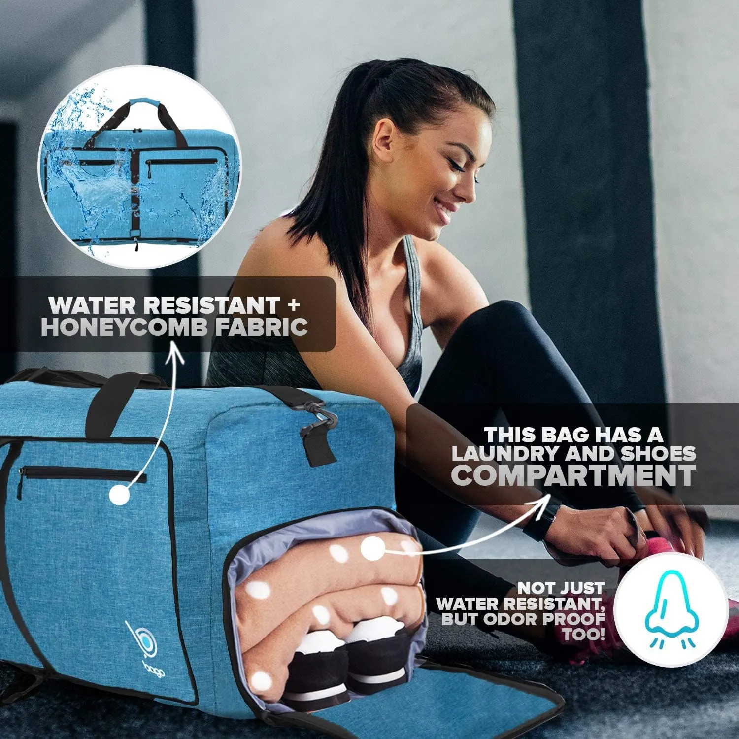 Bago Foldable Duffel Bags for Traveling Women & Men - 60L Medium Packable Duffle Bag for Travel with Shoe Compartment - Water Repellant, Heavy Duty, Lightweight Folding & Collapsible (SnowBlue)
