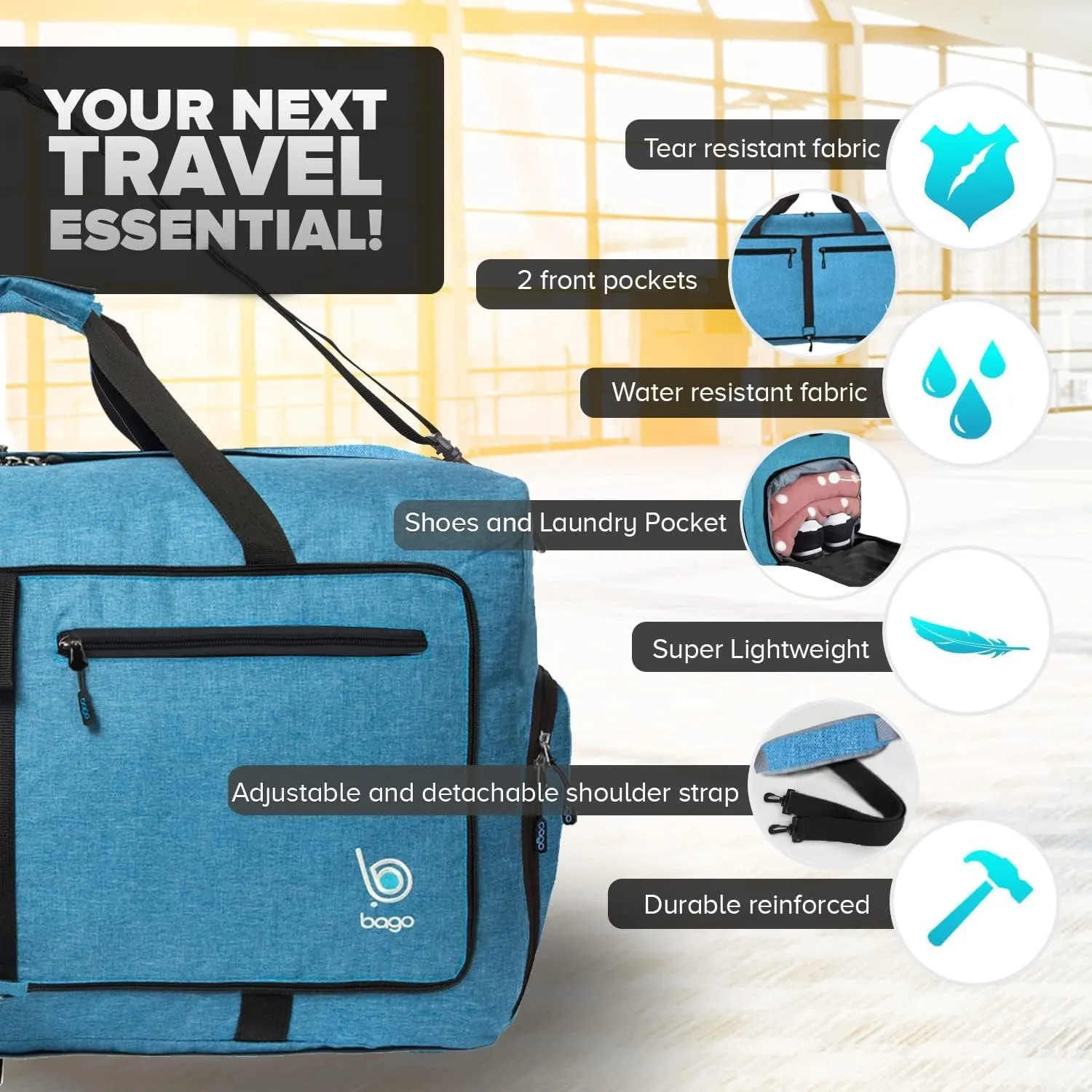 Bago Foldable Duffel Bags for Traveling Women & Men - 60L Medium Packable Duffle Bag for Travel with Shoe Compartment - Water Repellant, Heavy Duty, Lightweight Folding & Collapsible (SnowBlue)