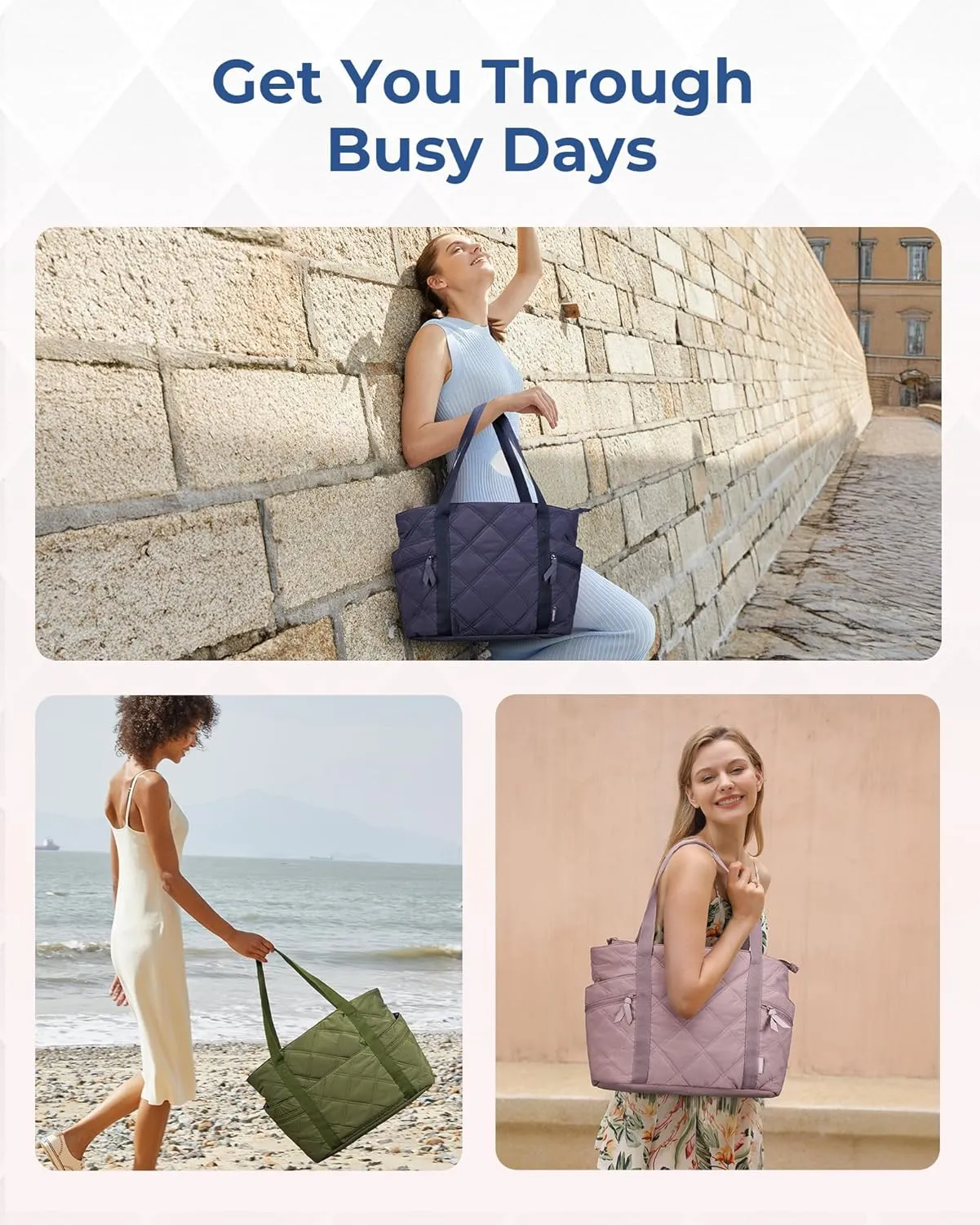 BAGSMART Tote Bag for Women, Puffer Work Tote with Zipper, Travel Essentials Quilted Nurse Travel Hospital Bag