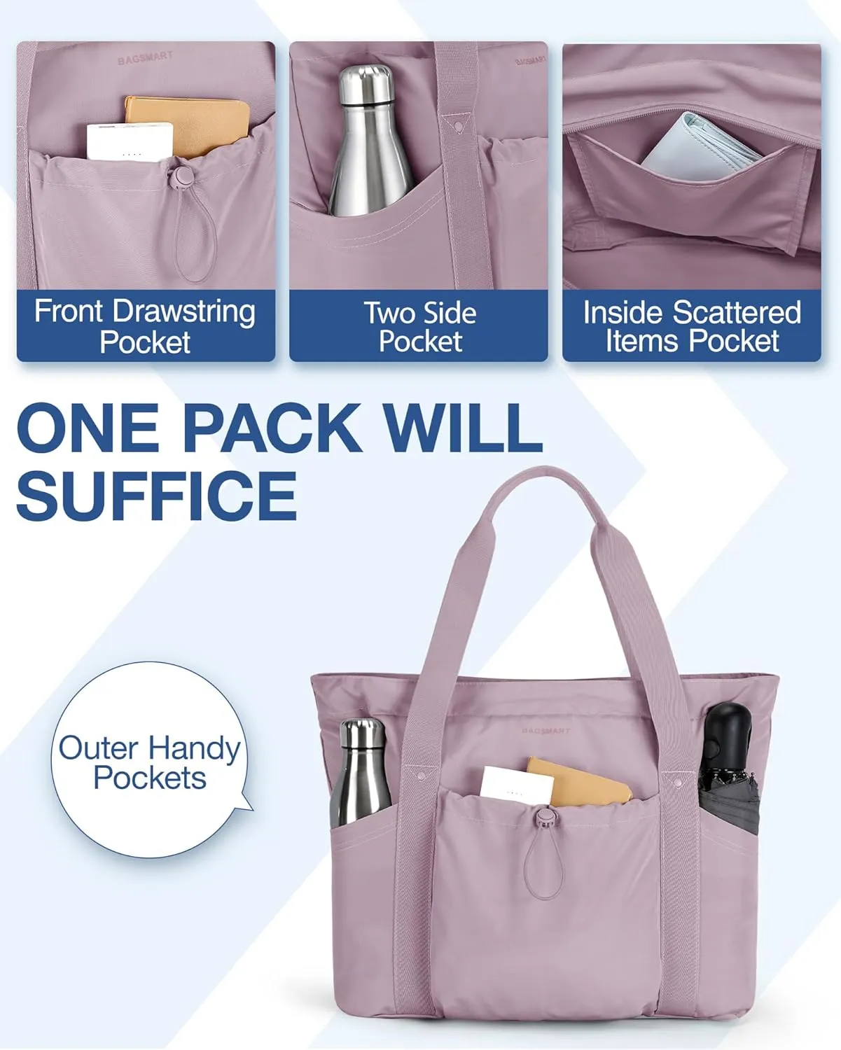 BAGSMART Tote Bag for Women, Tote Shoulder Bag with Laptop Compartment and Zipper Handbag for Travel, Work