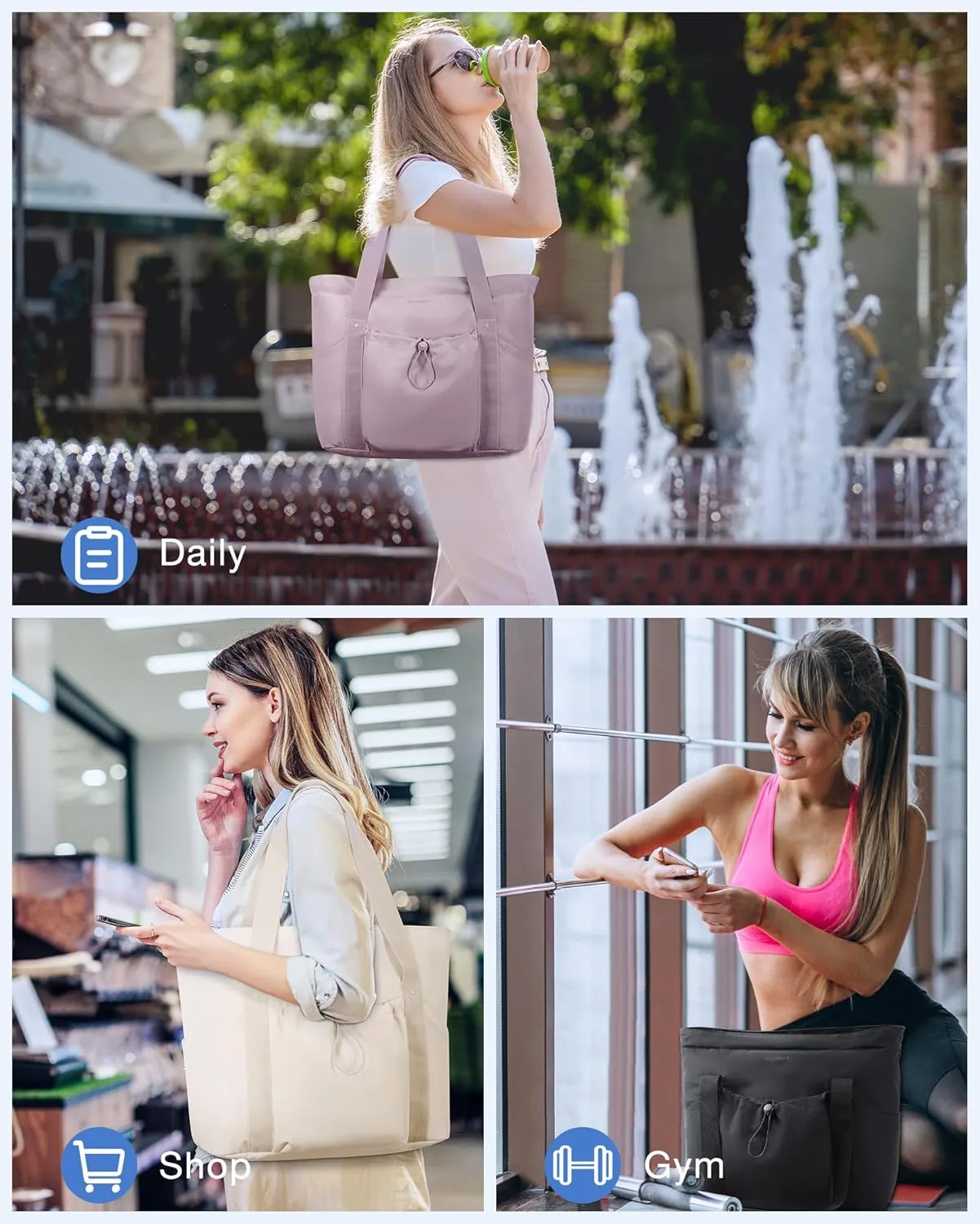 BAGSMART Tote Bag for Women, Tote Shoulder Bag with Laptop Compartment and Zipper Handbag for Travel, Work