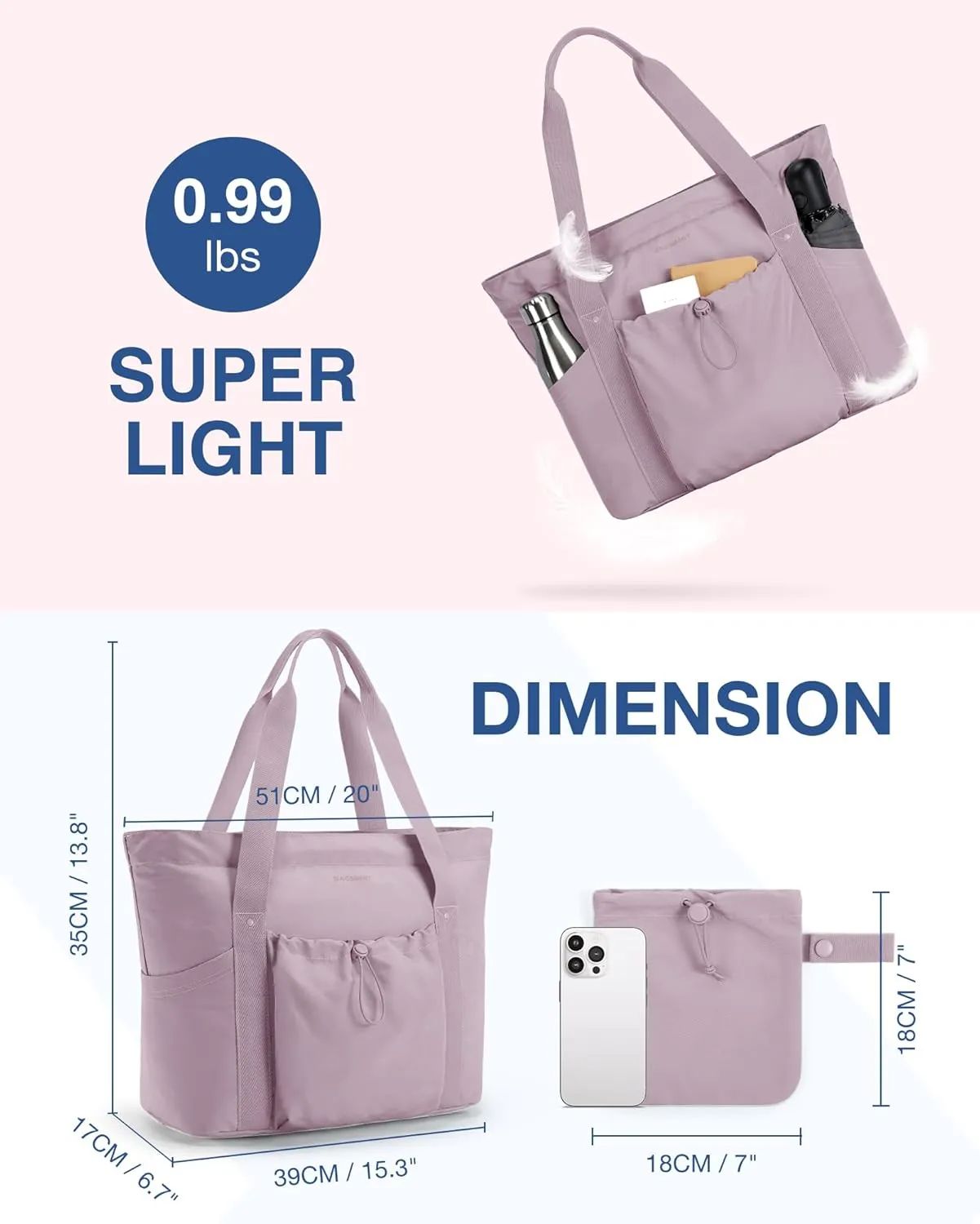 BAGSMART Tote Bag for Women, Tote Shoulder Bag with Laptop Compartment and Zipper Handbag for Travel, Work