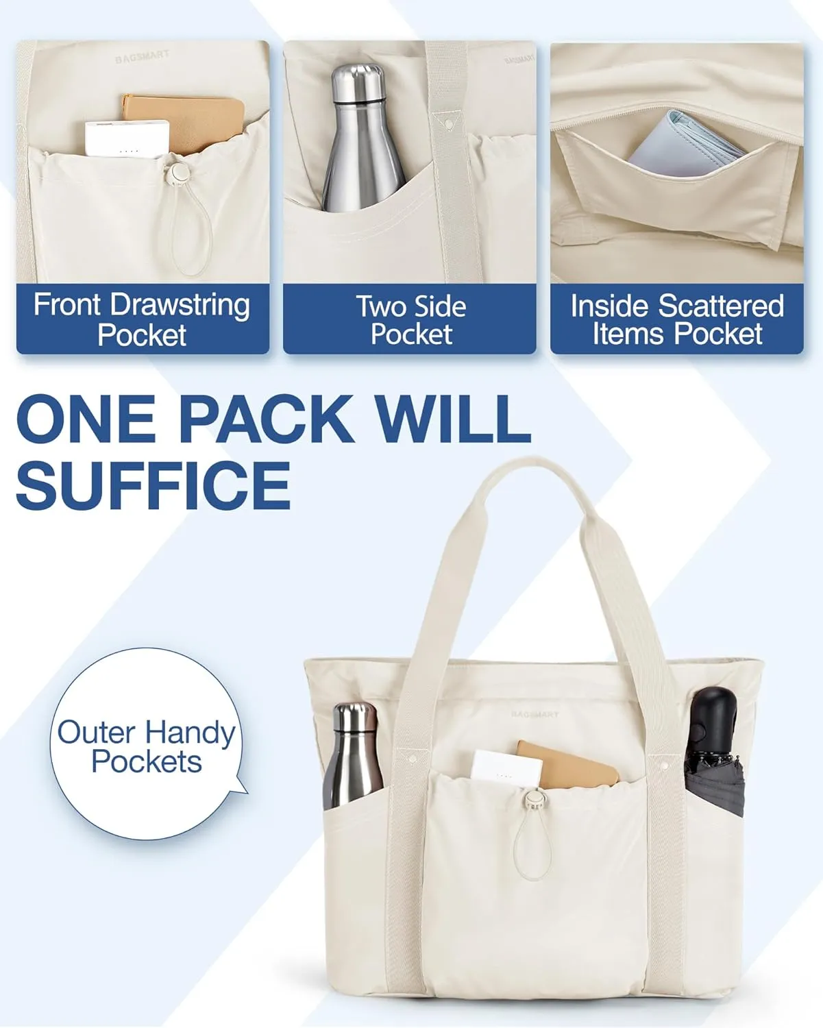 BAGSMART Tote Bag for Women, Tote Shoulder Bag with Laptop Compartment and Zipper Handbag for Travel, Work
