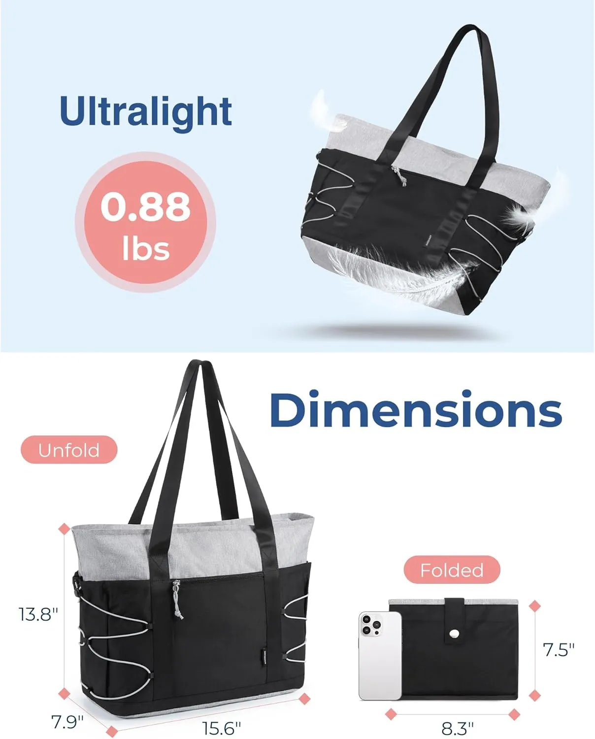 BAGSMART Travel Tote Bag for Women, Foldable Beach Bag With Zipper, 30L Large Gym Tote for Everyday