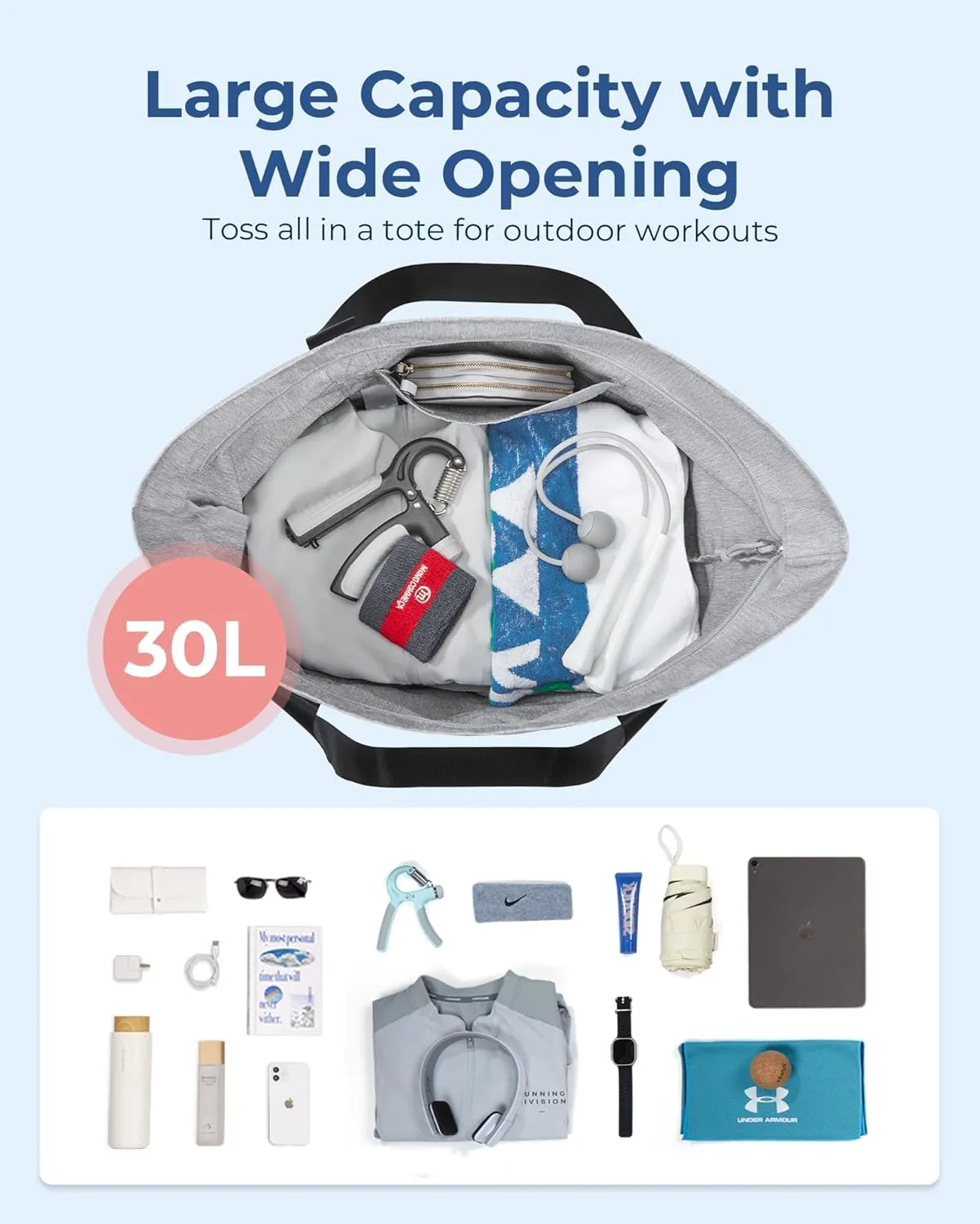 BAGSMART Travel Tote Bag for Women, Foldable Beach Bag With Zipper, 30L Large Gym Tote for Everyday