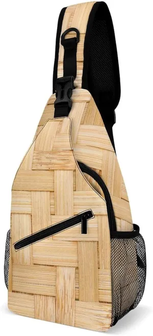 Bamboo Weave Texture Crossbody Sling Backpack Basketry Craft Sling Bag Adjustable Travel Hiking Chest Bags Daypack