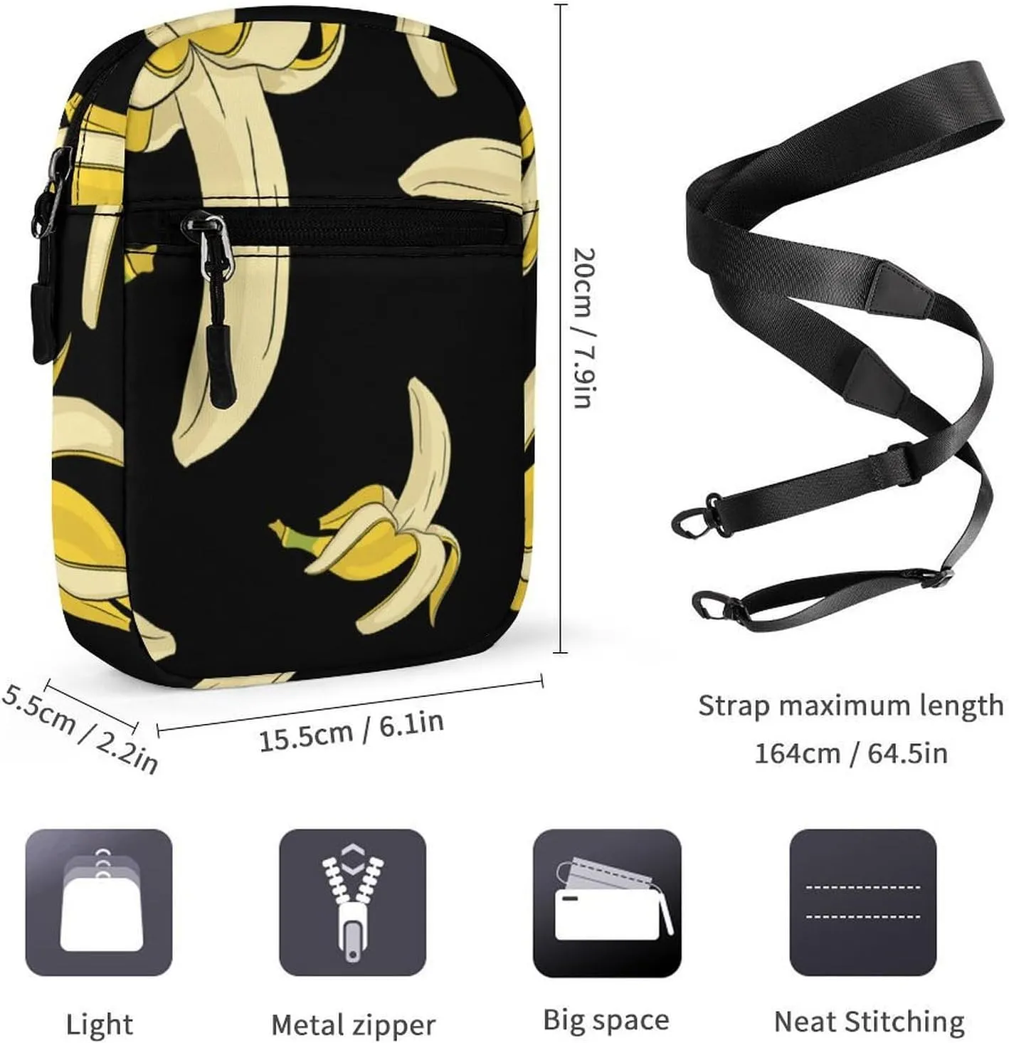 Banana Fruit Interesting Pattern Crossbody Bag Small Shoulder Bag Waterproof, Lightweight And Convenient
