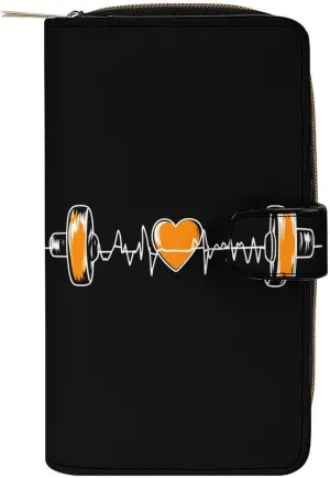 Barbell Weightlifting Heartbeat Long Wallet PU Leather Credit Card Holder Durable Zippered Purse Clutch Wallet