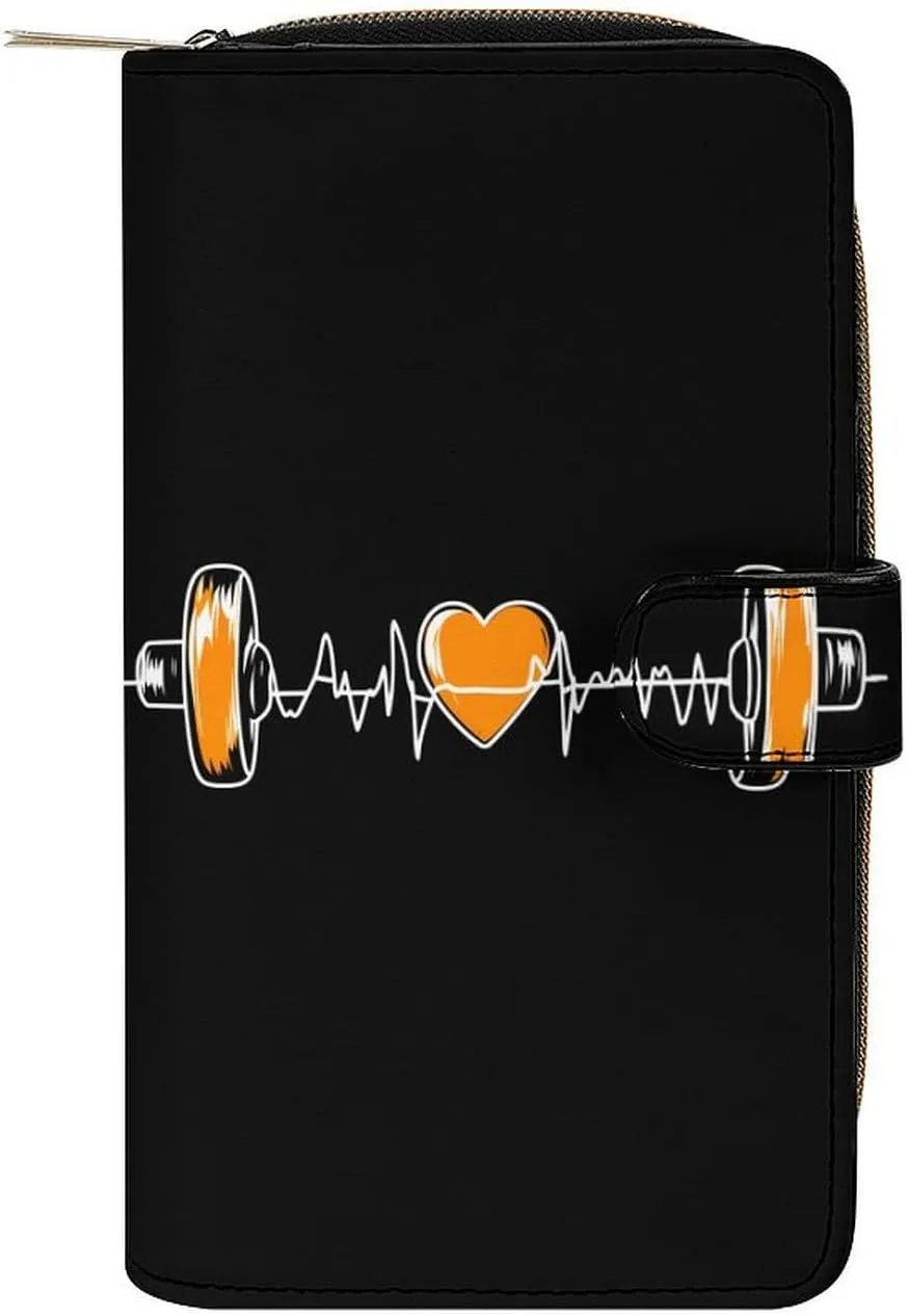 Barbell Weightlifting Heartbeat Long Wallet PU Leather Credit Card Holder Durable Zippered Purse Clutch Wallet