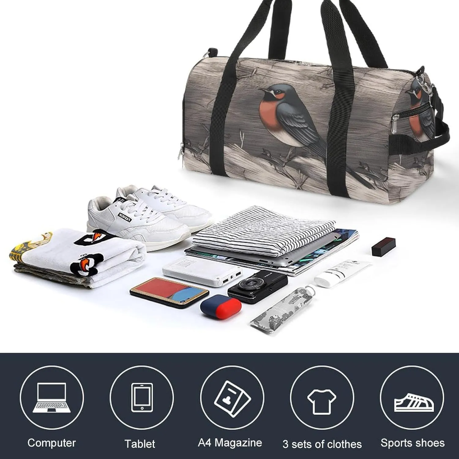 Barn Swallow in Graphite Sports Gym Bag Carry on Holdalls for Men Small Duffel Bags for Women with Shoe Compartment