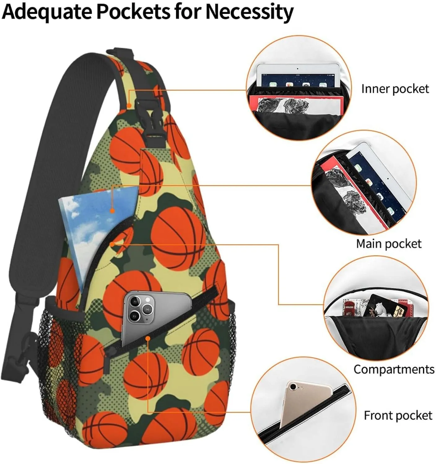 Basketball Print Sling Backpack Sports Crossbody Bag For Women Men Sling Bag Travel Hiking Chest Bag Unisex