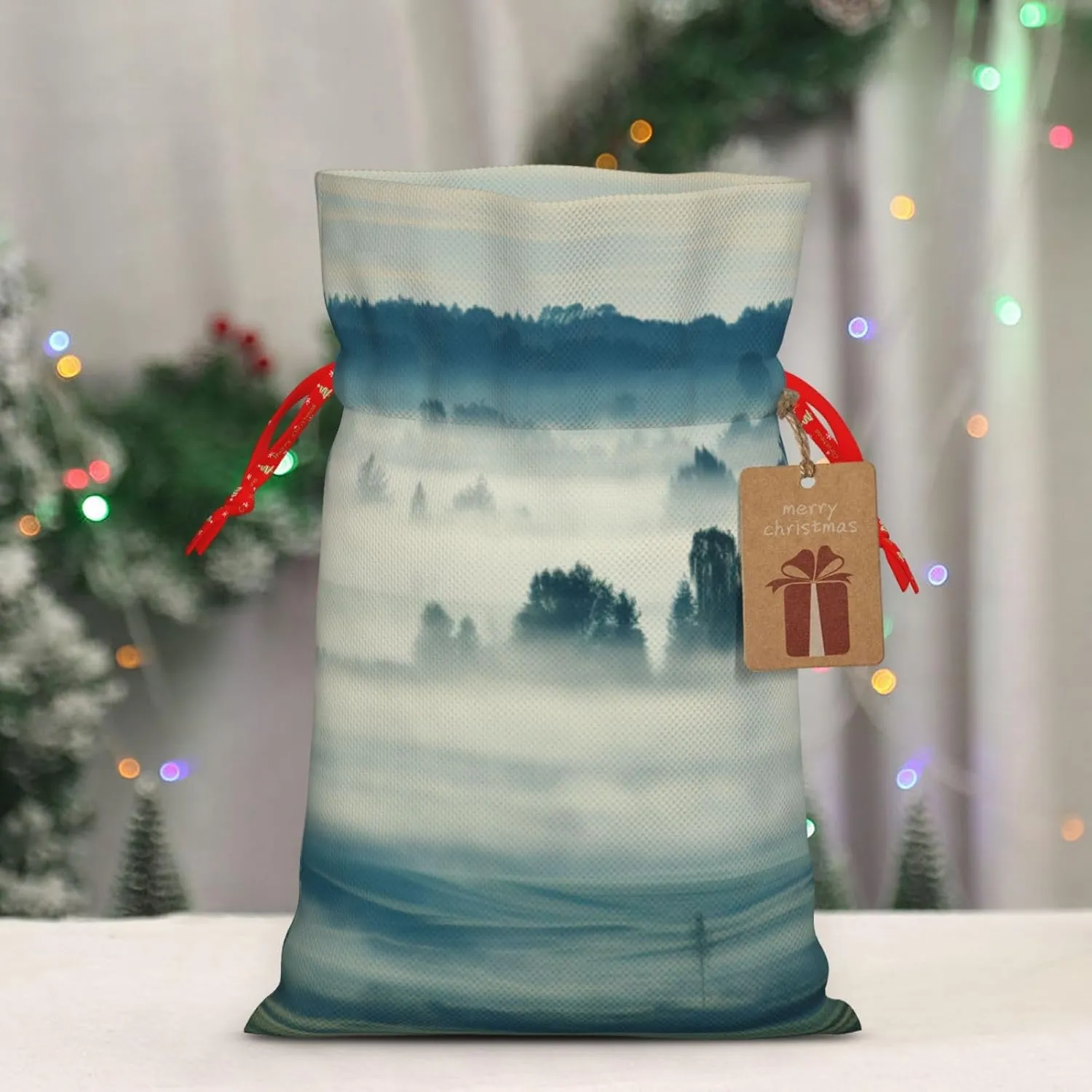 BBEXJIGY Fantasy Rural Print Drawstring Presents Bags 1Piece Christmas Polyester Presents Wrapping Sacks Pouches
