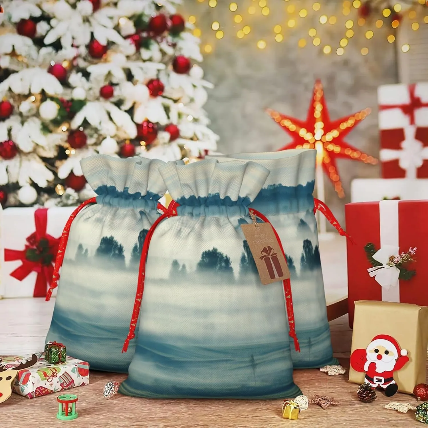 BBEXJIGY Fantasy Rural Print Drawstring Presents Bags 1Piece Christmas Polyester Presents Wrapping Sacks Pouches