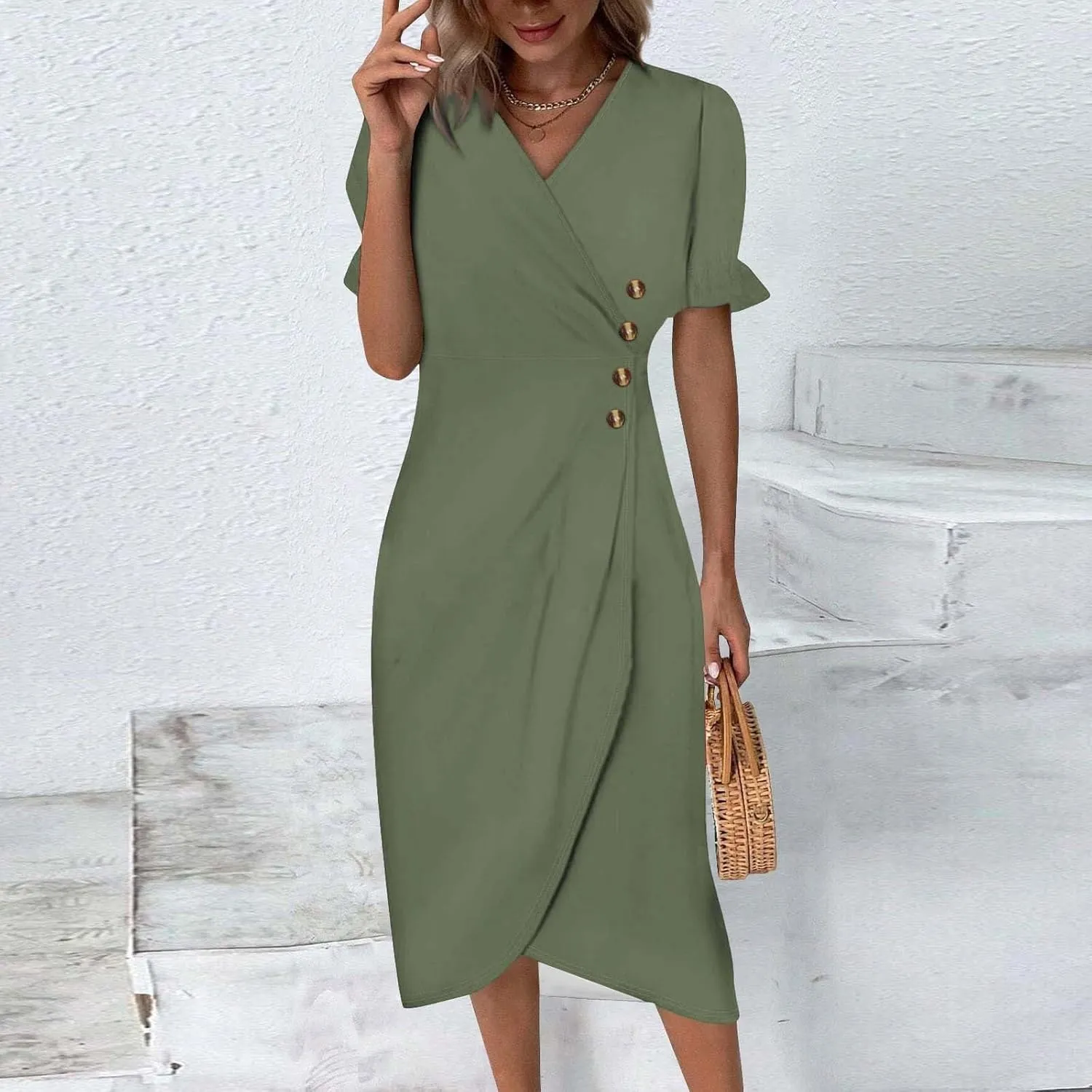 Beach Dresses for Women 2025 Spring Trendy Floral Boho Elegant V Neck Short Sleeve Irregular Hem Midi Dress