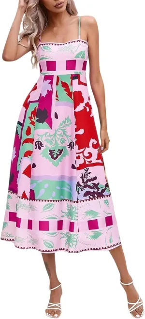 Beach Dresses for Women 2025 Vacation Spaghetti Strap Graffiti Maxi Dress Graphic A Line Swing Long Cami Dress