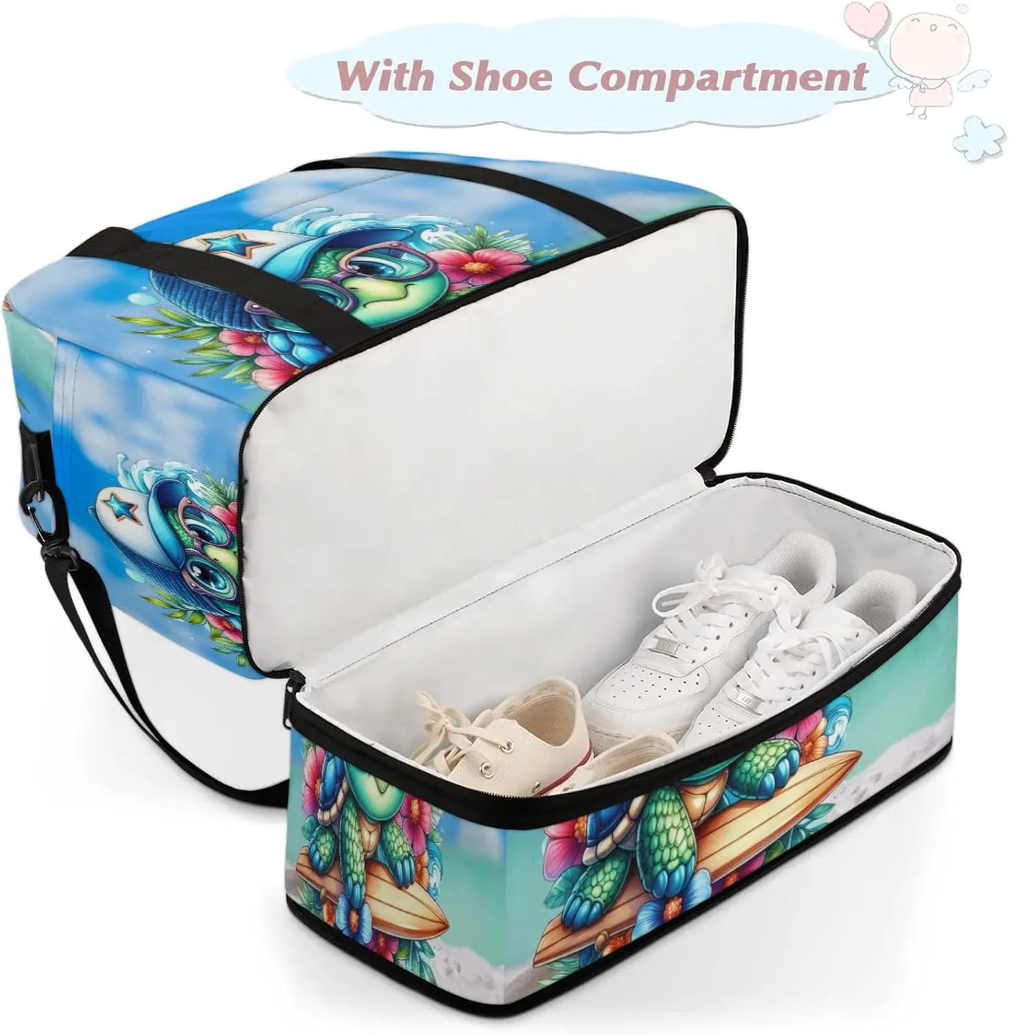 Beach Turtle Ocean Animal Travel Duffel Bags for Women & Men Large Sports Gym Bags Foldie Weekender Overnight Bag Carry On Tote Bag With Shoe Compartment Personal Item Luggagefor Travel Sports Gym