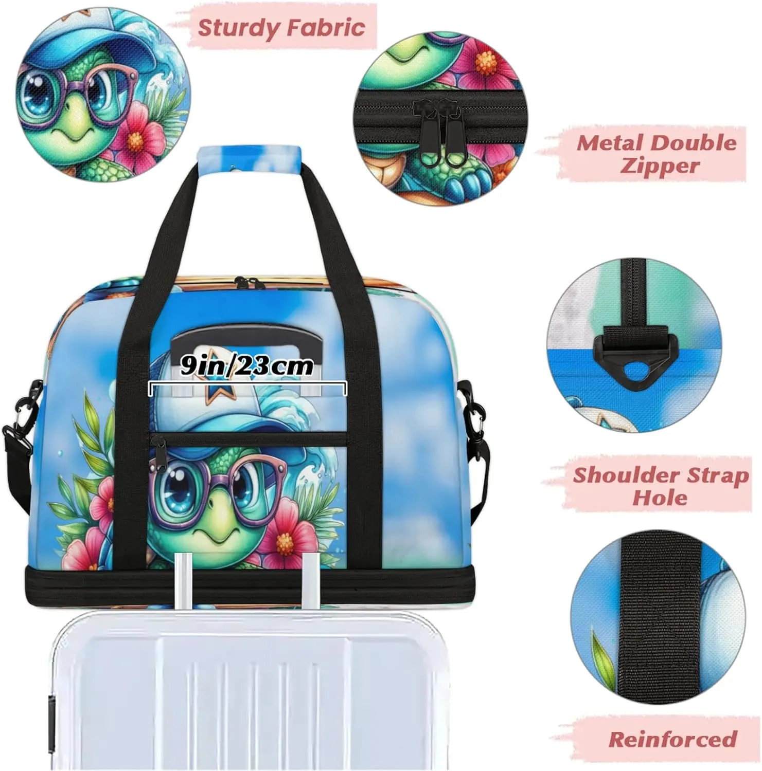 Beach Turtle Ocean Animal Travel Duffel Bags for Women & Men Large Sports Gym Bags Foldie Weekender Overnight Bag Carry On Tote Bag With Shoe Compartment Personal Item Luggagefor Travel Sports Gym