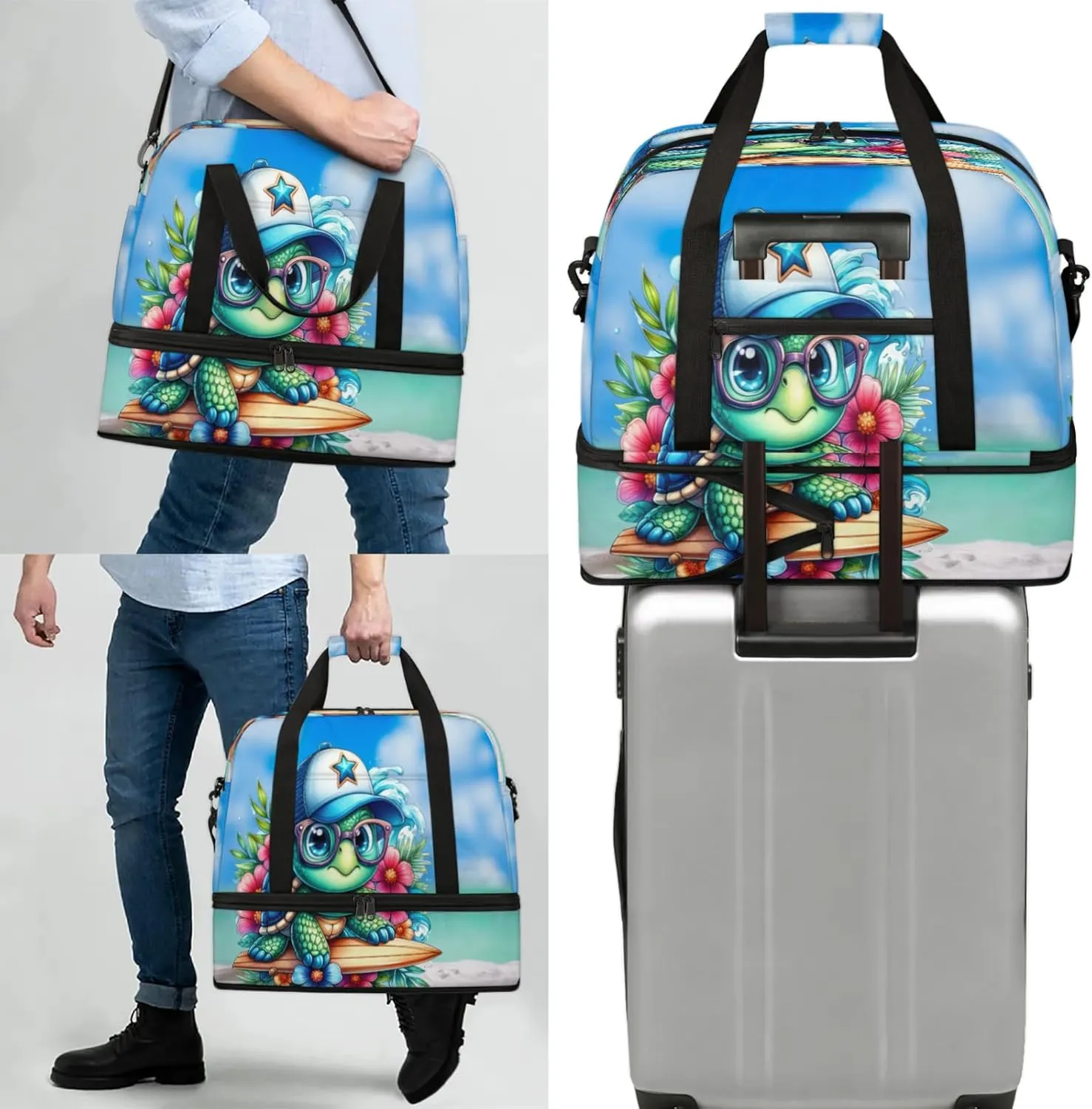 Beach Turtle Ocean Animal Travel Duffel Bags for Women & Men Large Sports Gym Bags Foldie Weekender Overnight Bag Carry On Tote Bag With Shoe Compartment Personal Item Luggagefor Travel Sports Gym