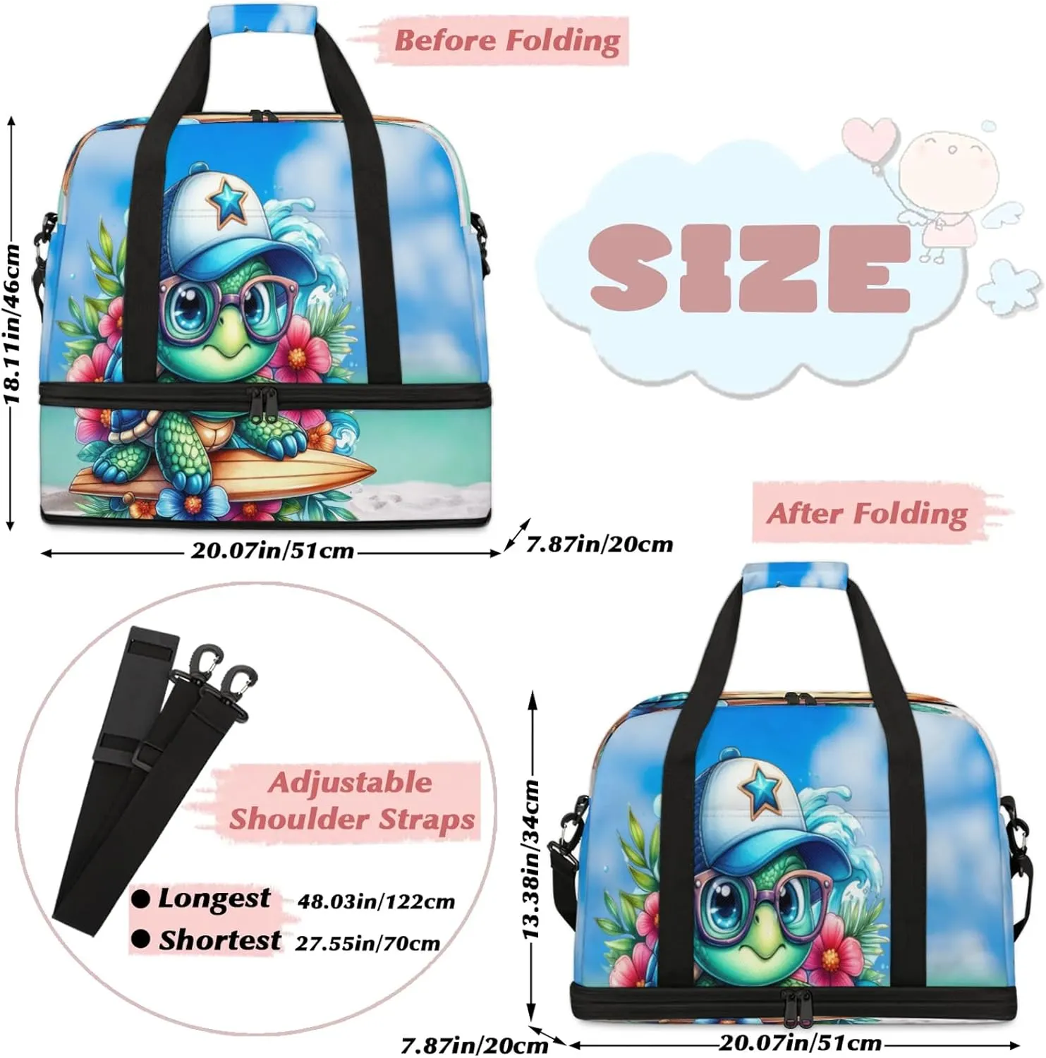 Beach Turtle Ocean Animal Travel Duffel Bags for Women & Men Large Sports Gym Bags Foldie Weekender Overnight Bag Carry On Tote Bag With Shoe Compartment Personal Item Luggagefor Travel Sports Gym