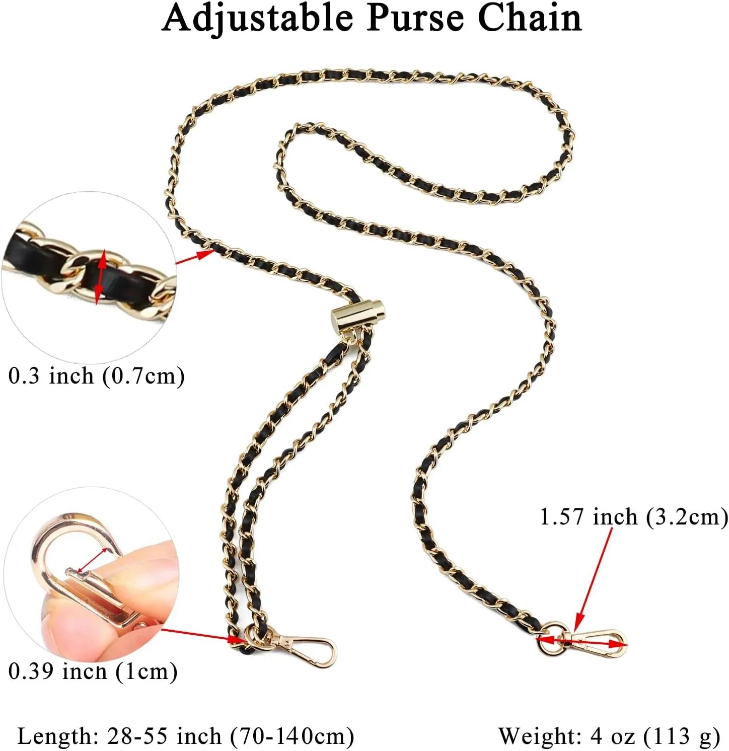 BEAULEGAN Thin Purse Chain Strap Adjustable - Microfiber Leather - Replacement for Crossbody Shoulder Bag, 55 Inches Long Black（Gunmetal）