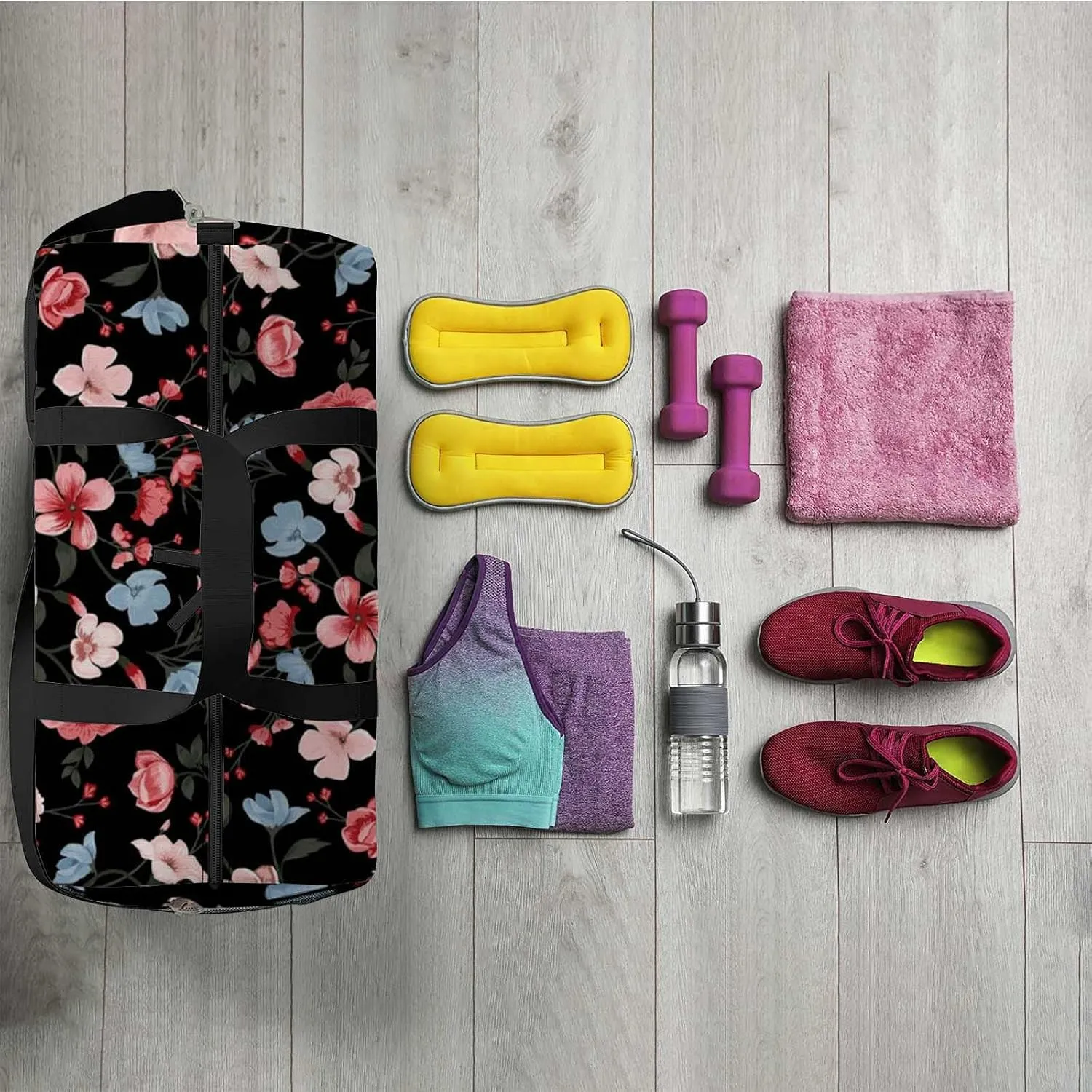Beautiful Floral Sports Duffel Bag Travel Gym Tote Bags Lightweight Durable Shoulder Strap Waterproof Polyester Outside Mesh Pocket Overnight Trip Duffel Bag for Women Men