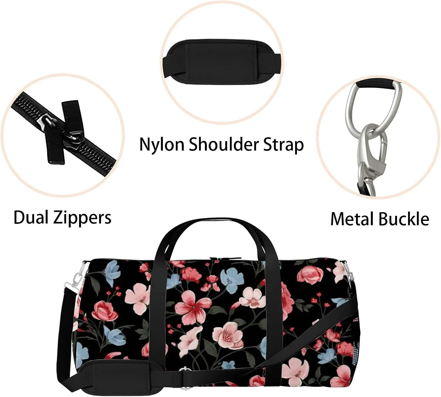 Beautiful Floral Sports Duffel Bag Travel Gym Tote Bags Lightweight Durable Shoulder Strap Waterproof Polyester Outside Mesh Pocket Overnight Trip Duffel Bag for Women Men