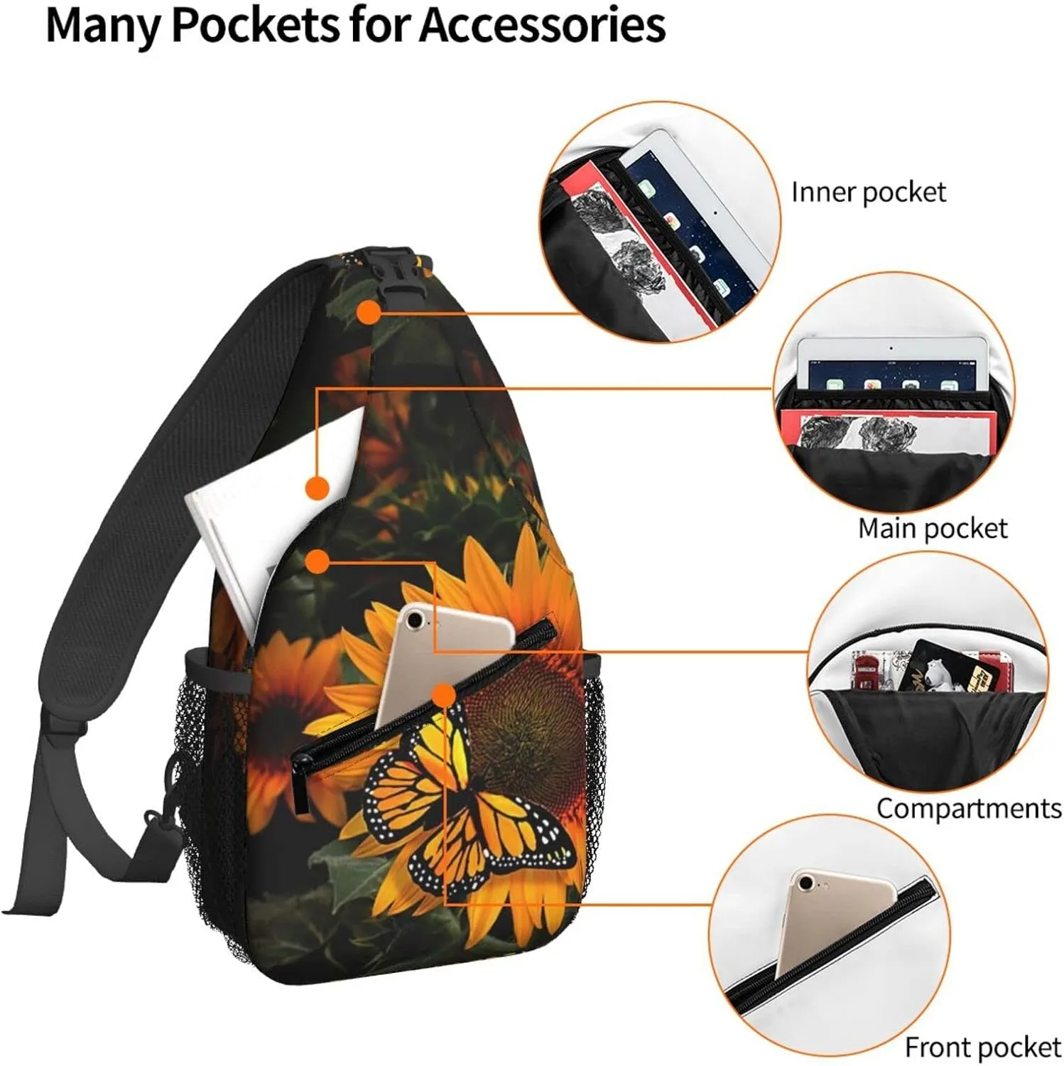 Beautiful Sunflower Butterfly Sling Bag for Women Crossbody Shoulder Bag Casual Daypack Backpacks Men Chest Bag Gym Cycling Travel Hiking