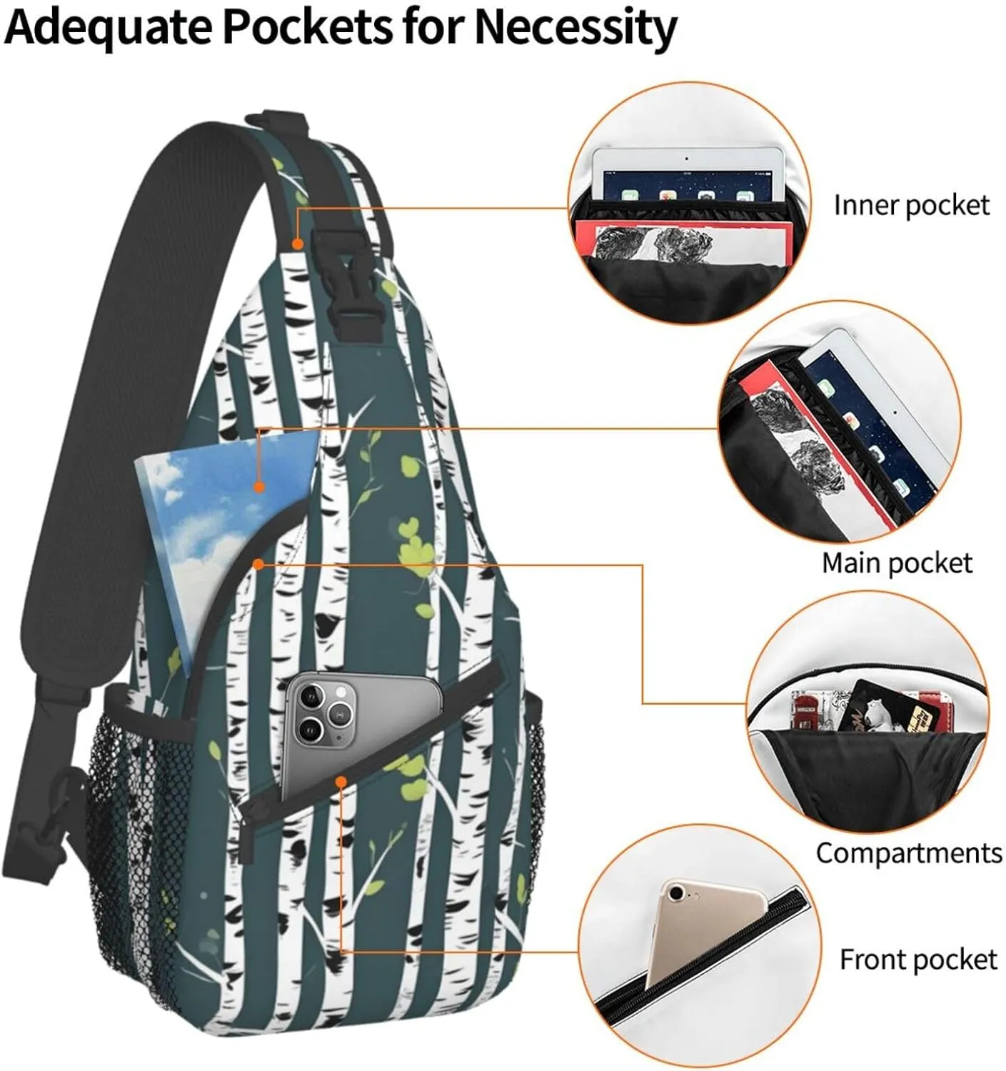 Beauty Birch Tree Print Sling Backpack, Sling Bag, Crossbody Chest Bag Daypack, for Hiking Travel