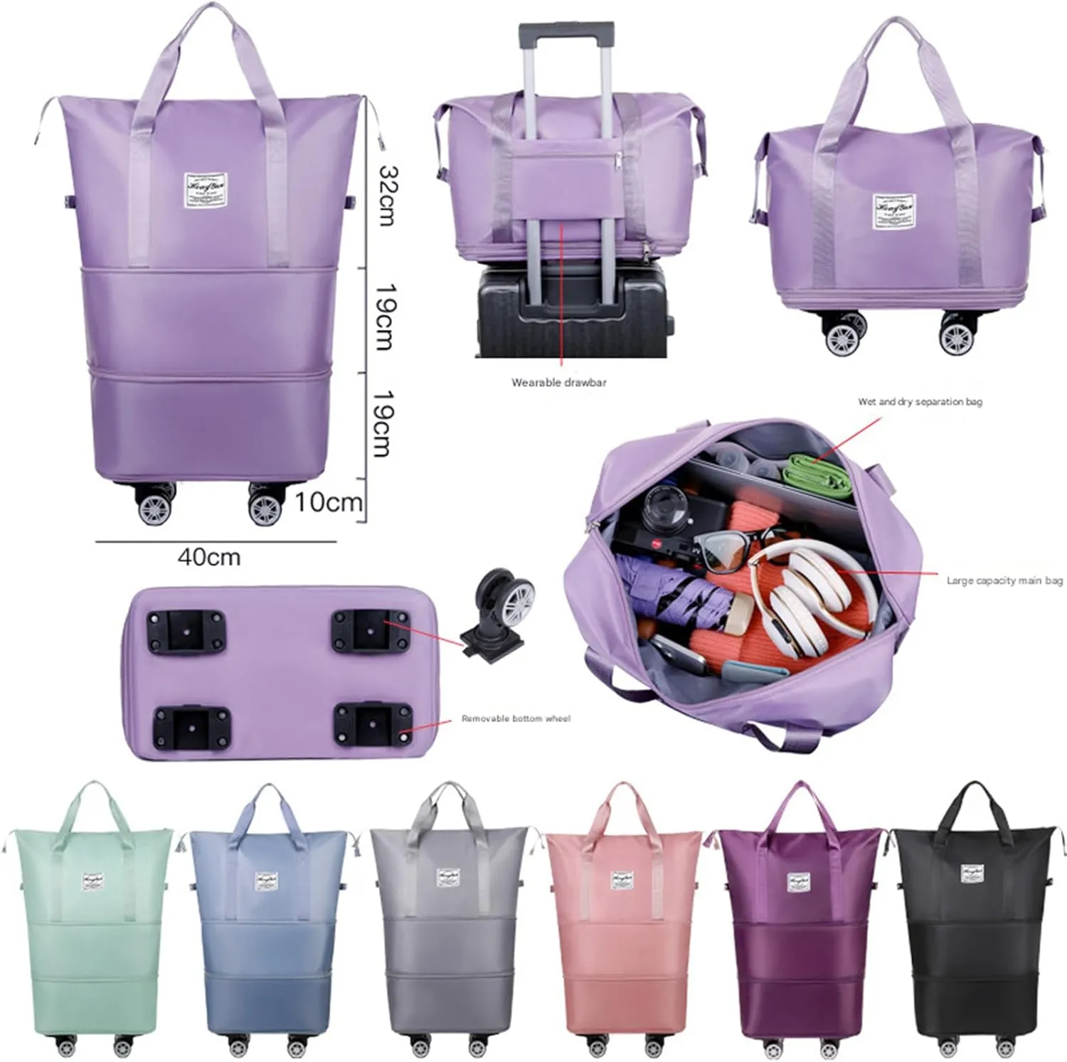 Beente Travel Bag with Wheels, 2025 New Large Capacity Travel Bag - Universal Wheel Removable (Pink)